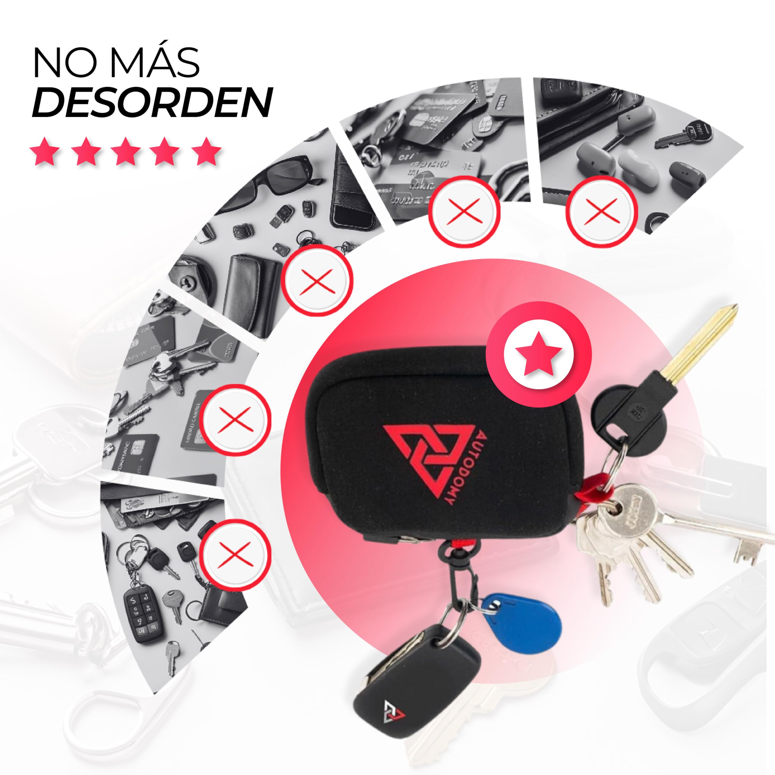 Autodomy Llavero para Moto Impermeable Neopreno Negro Rojo Porta Llaves con Anilla Mosquetón