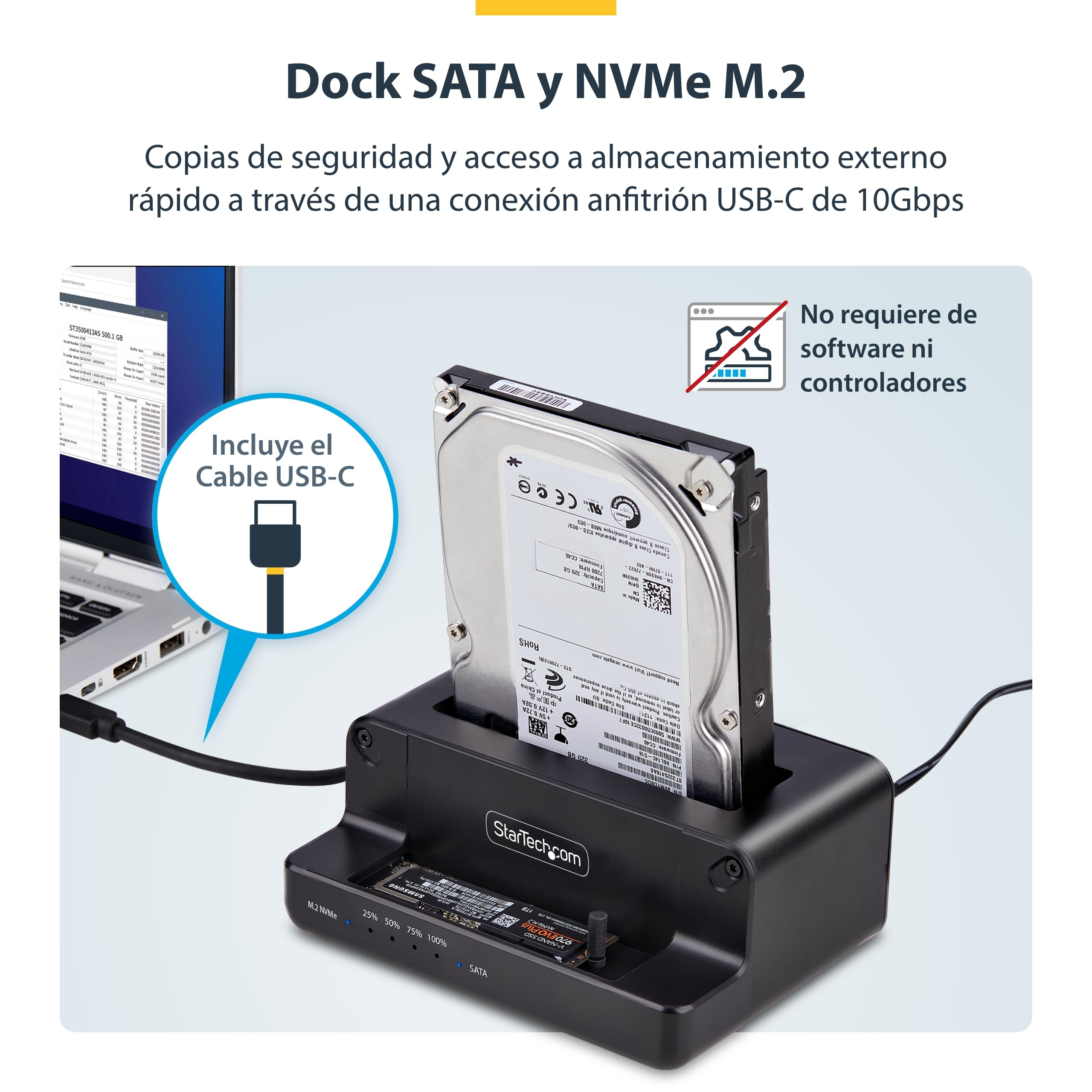 StarTech Dock Duplicador M.2 NVMe a SATA 2,5/3,5in, 27GB/min, USB 10Gbps | USB 3.2 10Gbps, PCIe Gen3x2, Unidad de estado solido