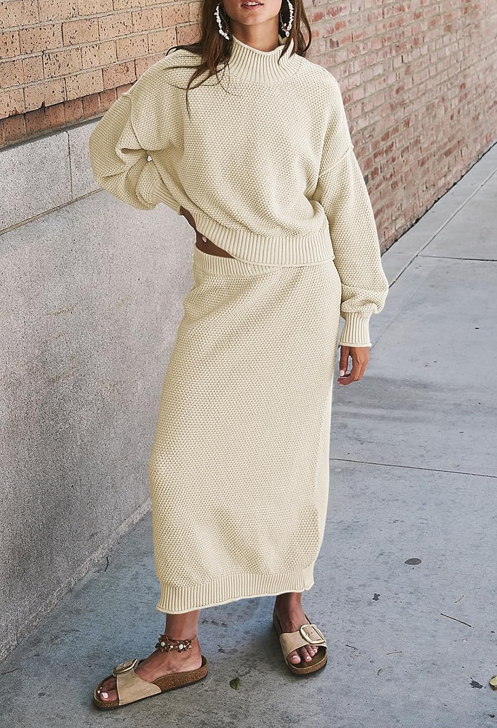 Pink Queen Women's 2 Piece Sweater Set Outfits Long Sleeve Oversized Top Bodycon Maxi Long Skirt Knit Dresses - Image 2