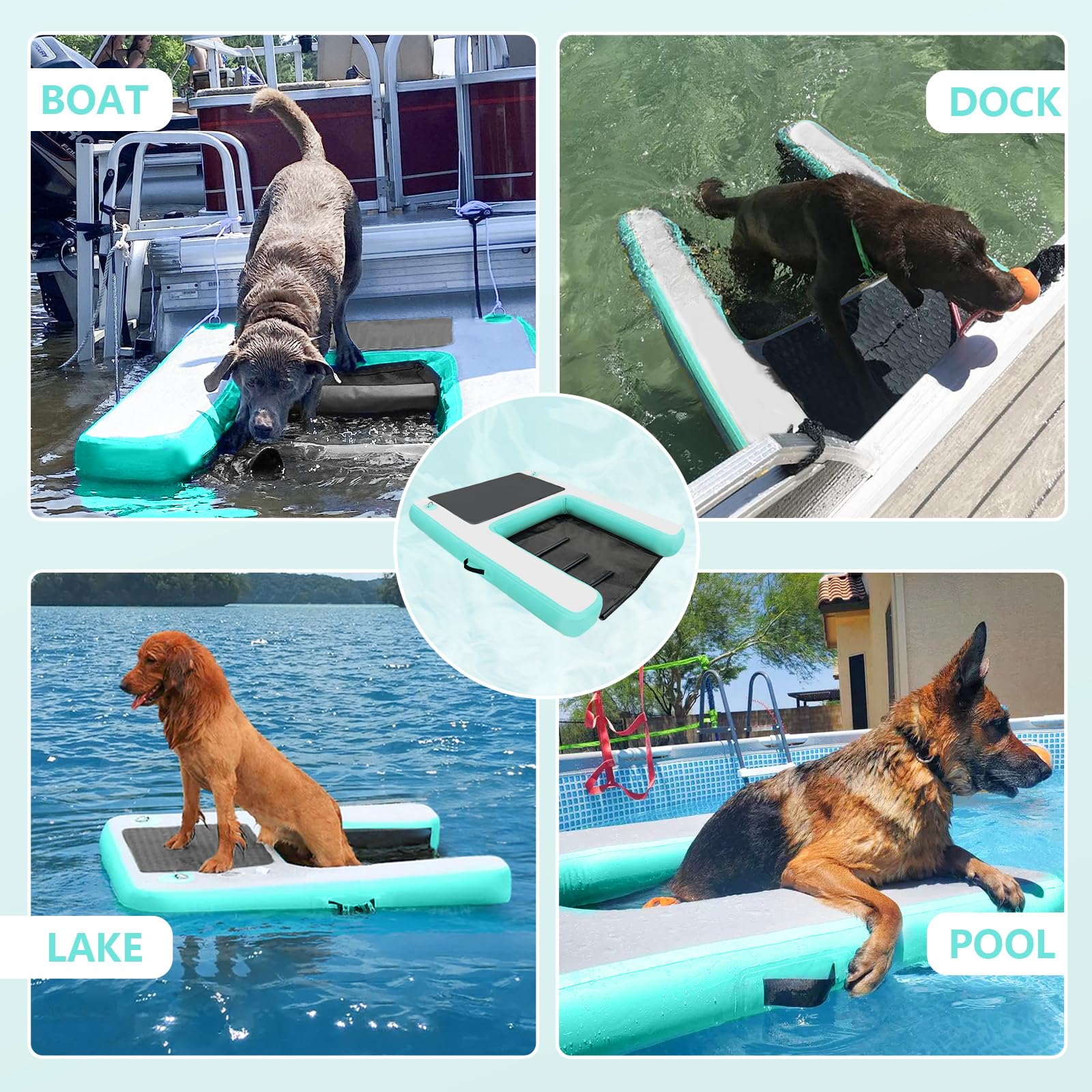 Rampa Gonfiabile per Cani da Barca, Rampa d'Acqua per Cani di Grossa Taglia fino a 200 libbre (90,7 kg), Galleggiante in PVC Antiscivolo con Scala Zattera d'Acqua per Animali per Piscina, Molo