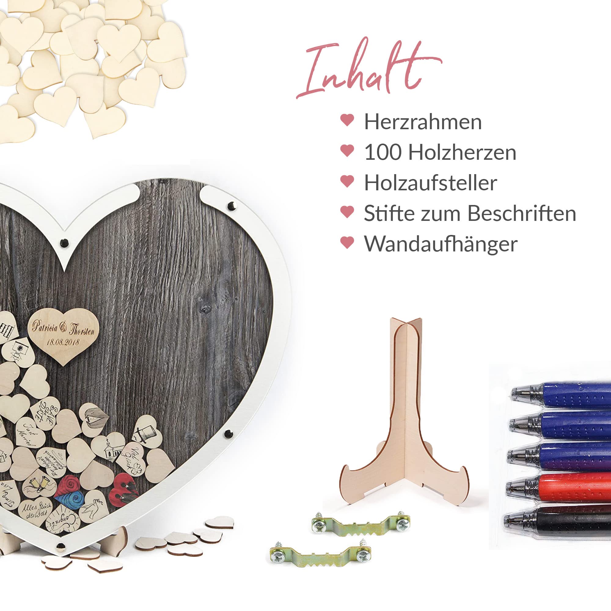 Edles Hochzeitsgästebuch, Herzform, Holz Herzchen - Personalisierbar mit Wunschgravur
