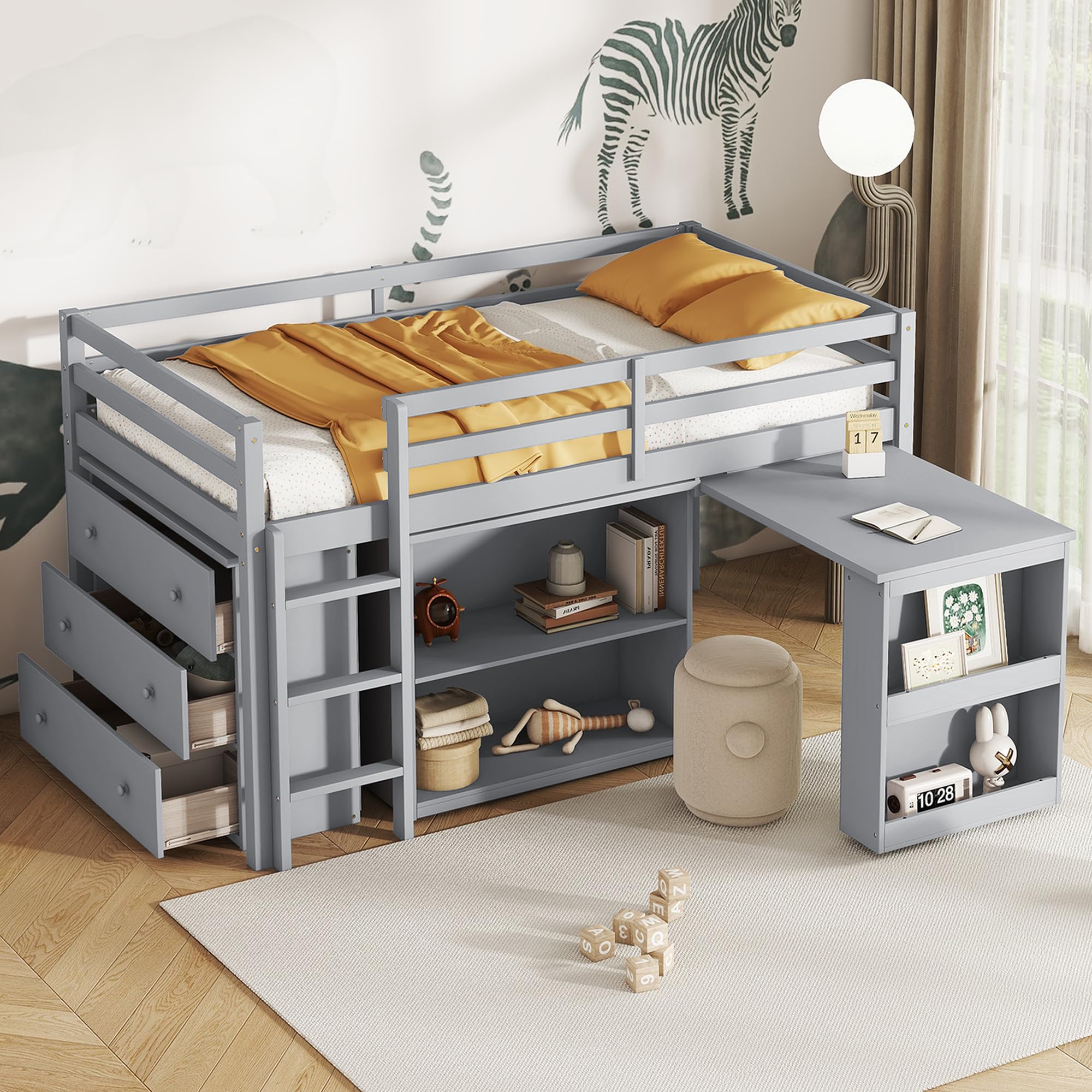 KEIKI Twin Size loft Bed with Pull-Out Desk & Drawers & Open Shelves, Wood Loft Bed with Guardrail, Low Twin Bed for Kids, Grey