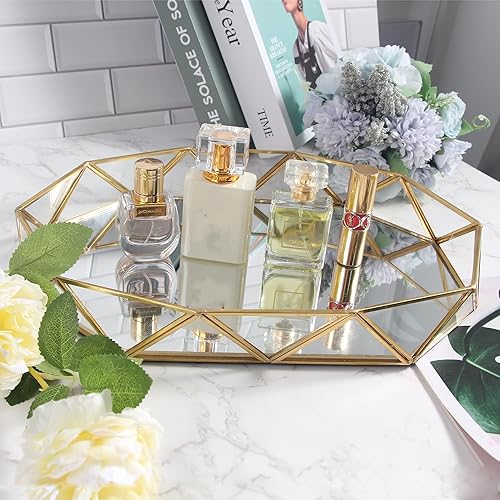 Miniatura 5 de Feyarl Bandeja de maquillaje con espejo de vidrio transparente dorado, organizador de joyas, forma octogonal ornamentada, exhibición de perfume