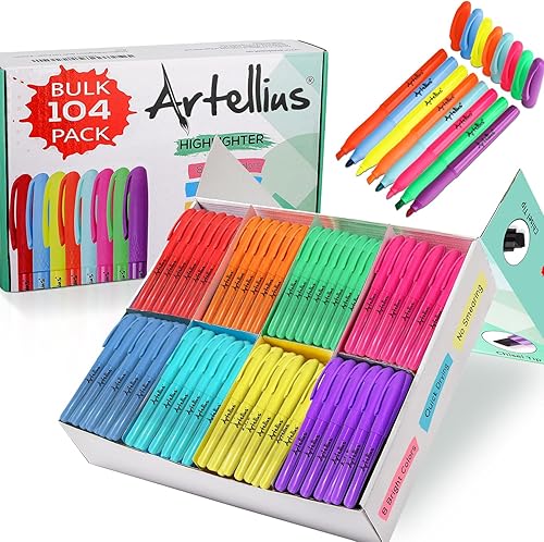 Vibrante paquete de 104 resaltadores de colores surtidos (8 colores brillantes), secado rápido, juego de resaltadores de punta de cincel neón y