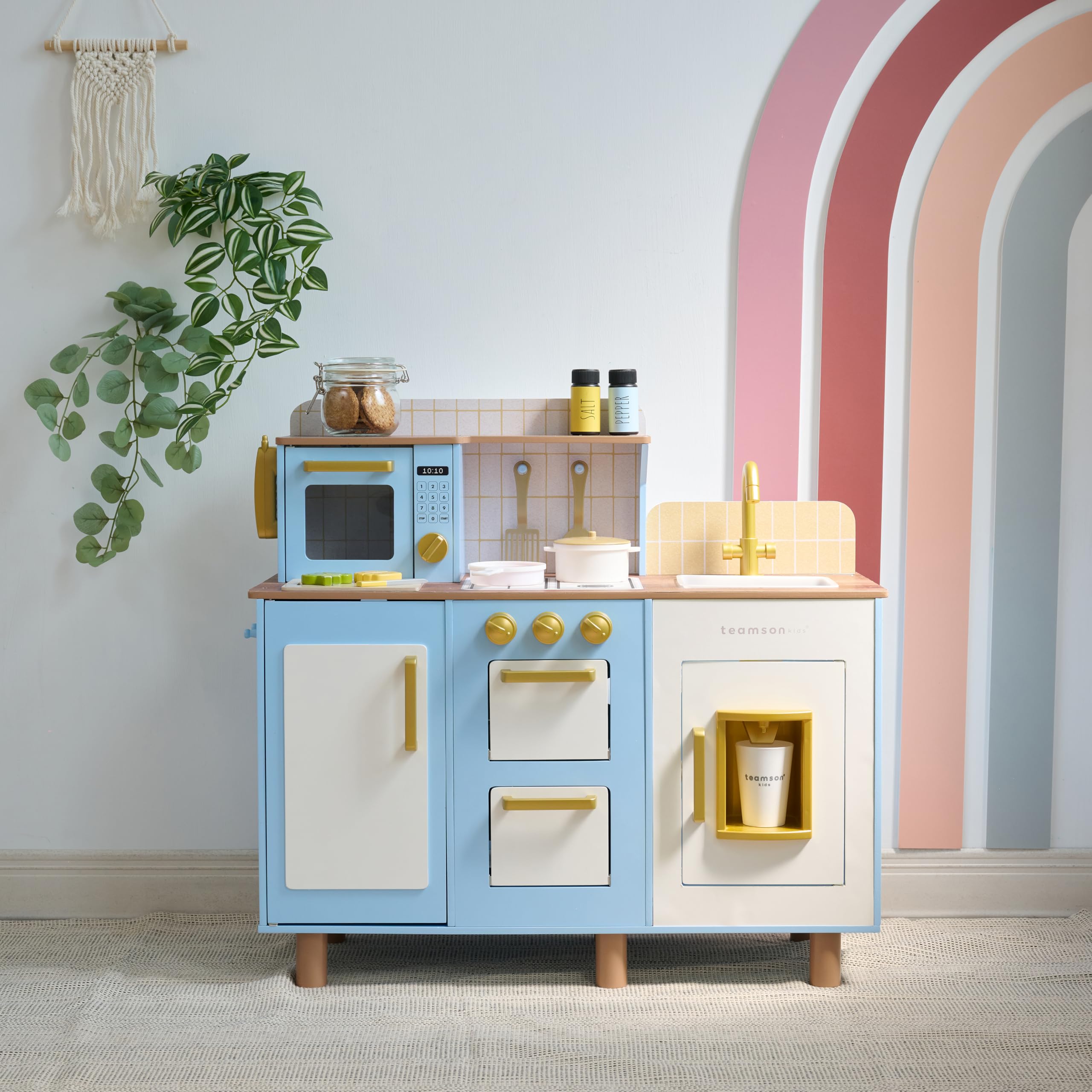 Teamson Kids Little Chef Hampton - Set da cucina in legno con erogatore di ghiaccio, lavandino, manopole per piano cottura, contenitore e 17 accessori inclusi per i più piccoli