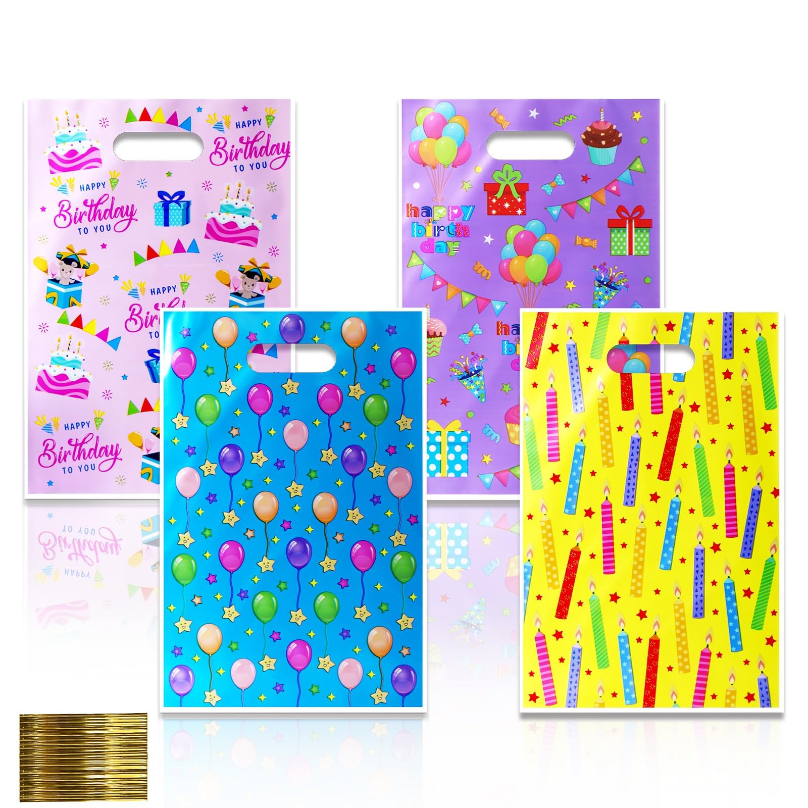100PCS Kids Birthday Party Bags, 4 Designs, Colorful Plastic Gift Bags for Boys & Girls, Party Favor Bags for Birthday, Wedding, Christmas, Candy & Goodies
