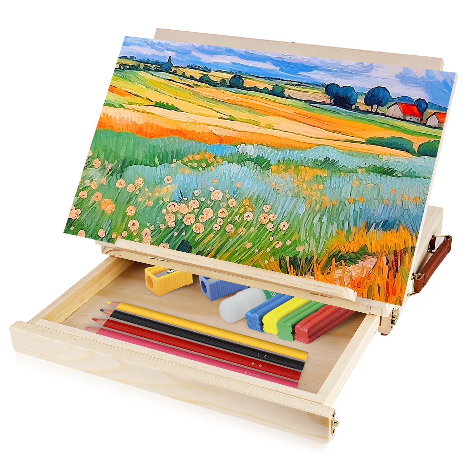 Tryora Art Tabletop Easel, Portable Wood Desktop Easel with Storage Compartment & Handle for Students Beginners, 4‑Position Adjustable Table Top Easel Stand for Painting Sketching, 33.6x26cm