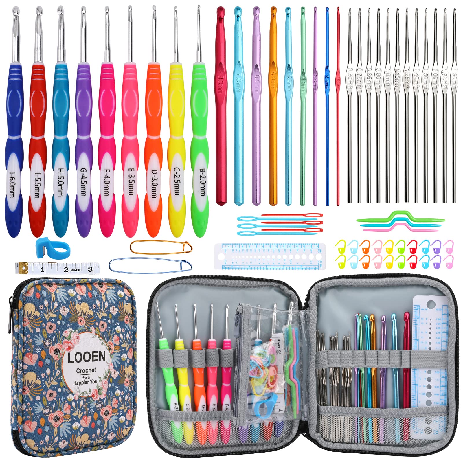 LOOEN New Set Crochet Hooks Set 62pcs Crochet Kit, 9pcs Rubber Handles Hook 2.0MM-6MM and 9pcs Aluminum Hooks Hook 12pcs Lace Hooks Comfort Grip for Arthritic Hands-Accessories Included (A - Blue)