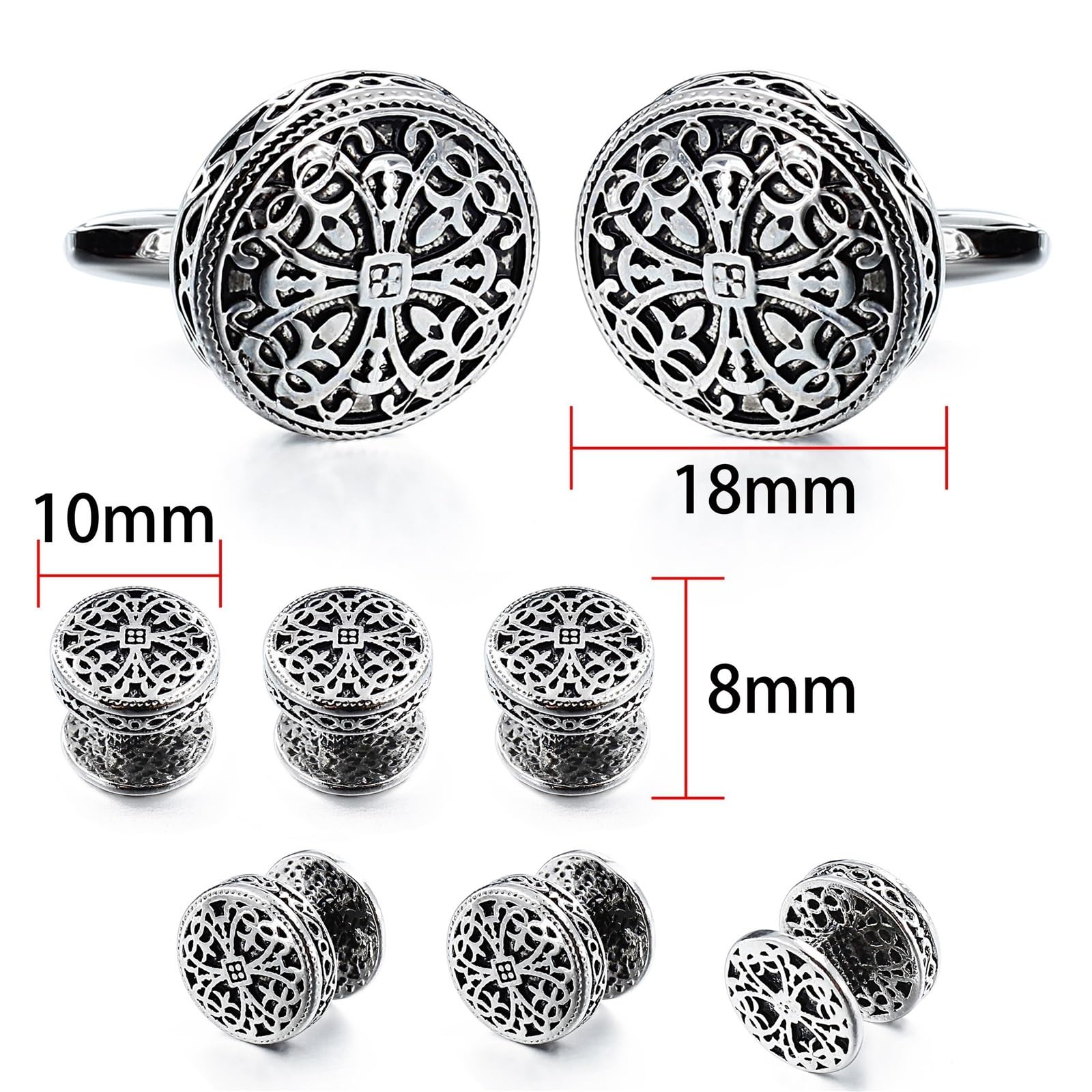 Set di gemelli in argento dorato antico e borchie da smoking