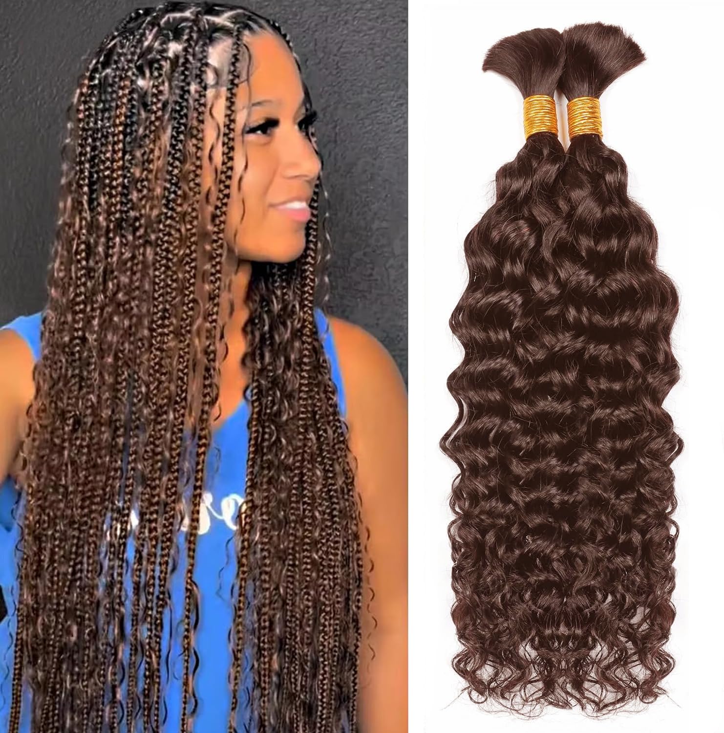 DaiMer Water Wave Bulk Human Braiding hair for Boho Braids 2 Bundles/Pack 100g No Weft 10A Brazilian Water Wave Bulk Dark Brown Human Hair Extensions for Braids (4#