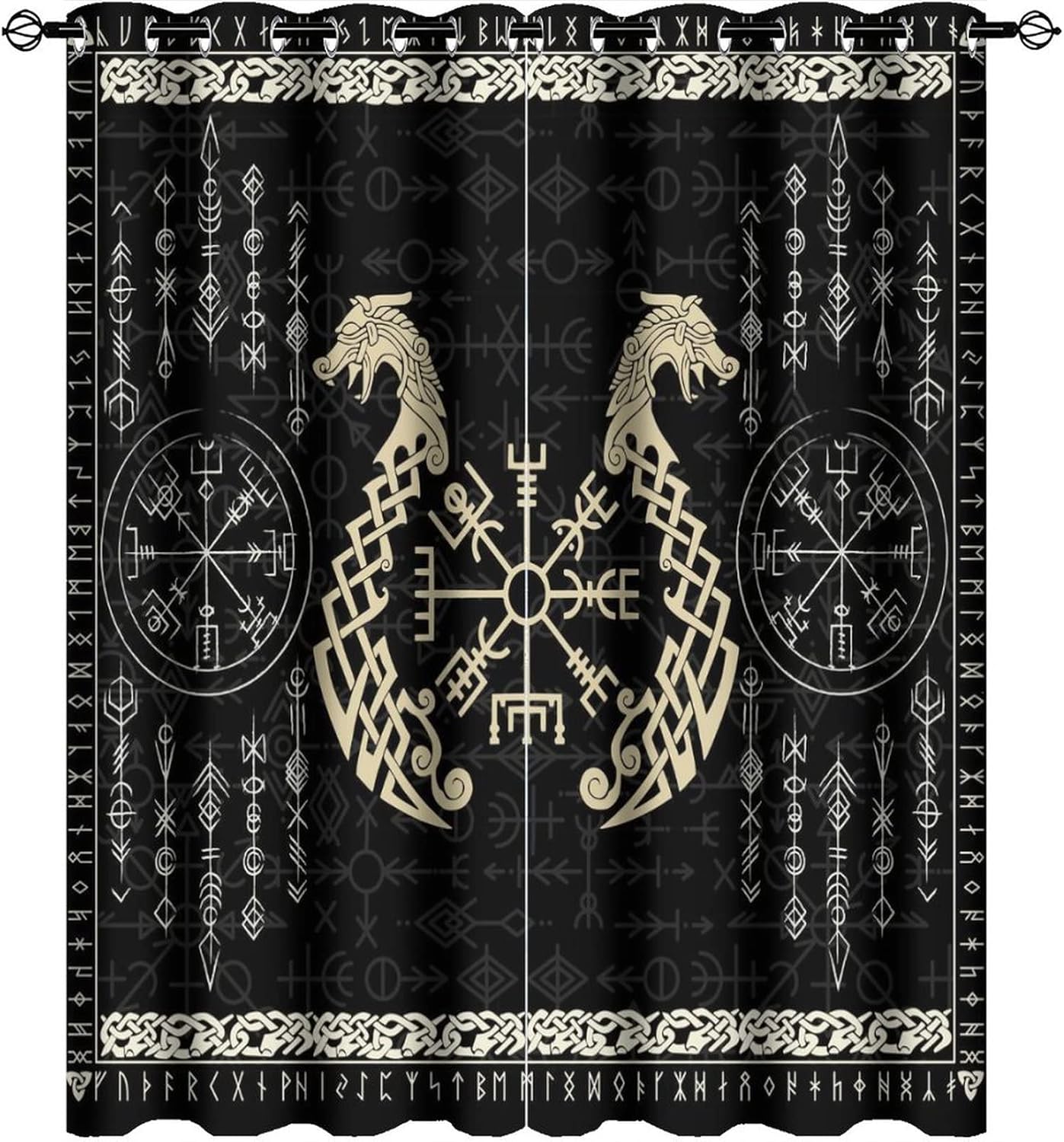 Norse Vikings Curtains - Abstract Dragon Retro Mystical Symbol Compass Window Treatment Room Darkening Blackout Curtains Thermal Insulated Grommet Curtains for Bedroom 2 Panels 45L x 21W