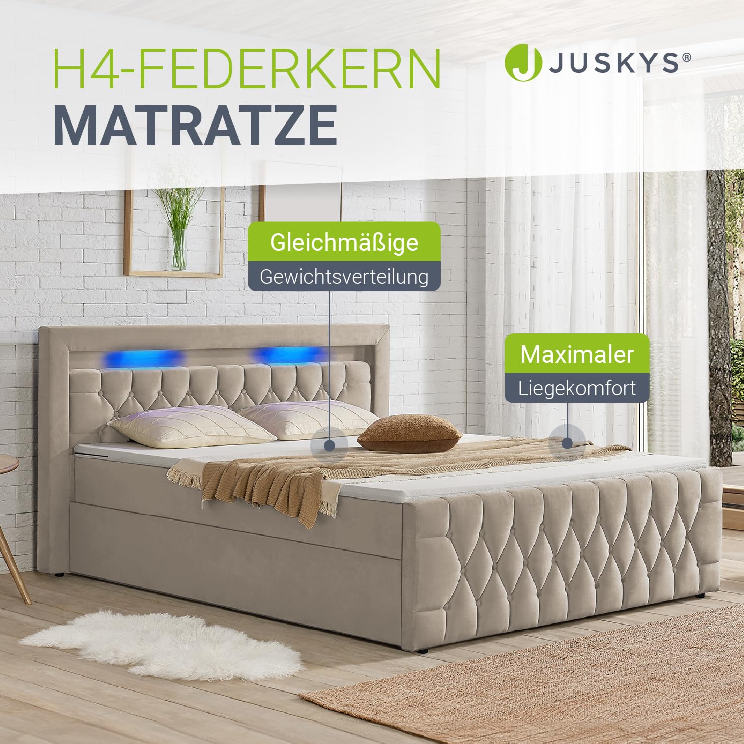 Juskys Boxspringbett Leona 180x200 cm - Bett mit LED Beleuchtung, Topper & H4 Federkern Matratzen - Doppelbett mit Samt und Steppung - Beige