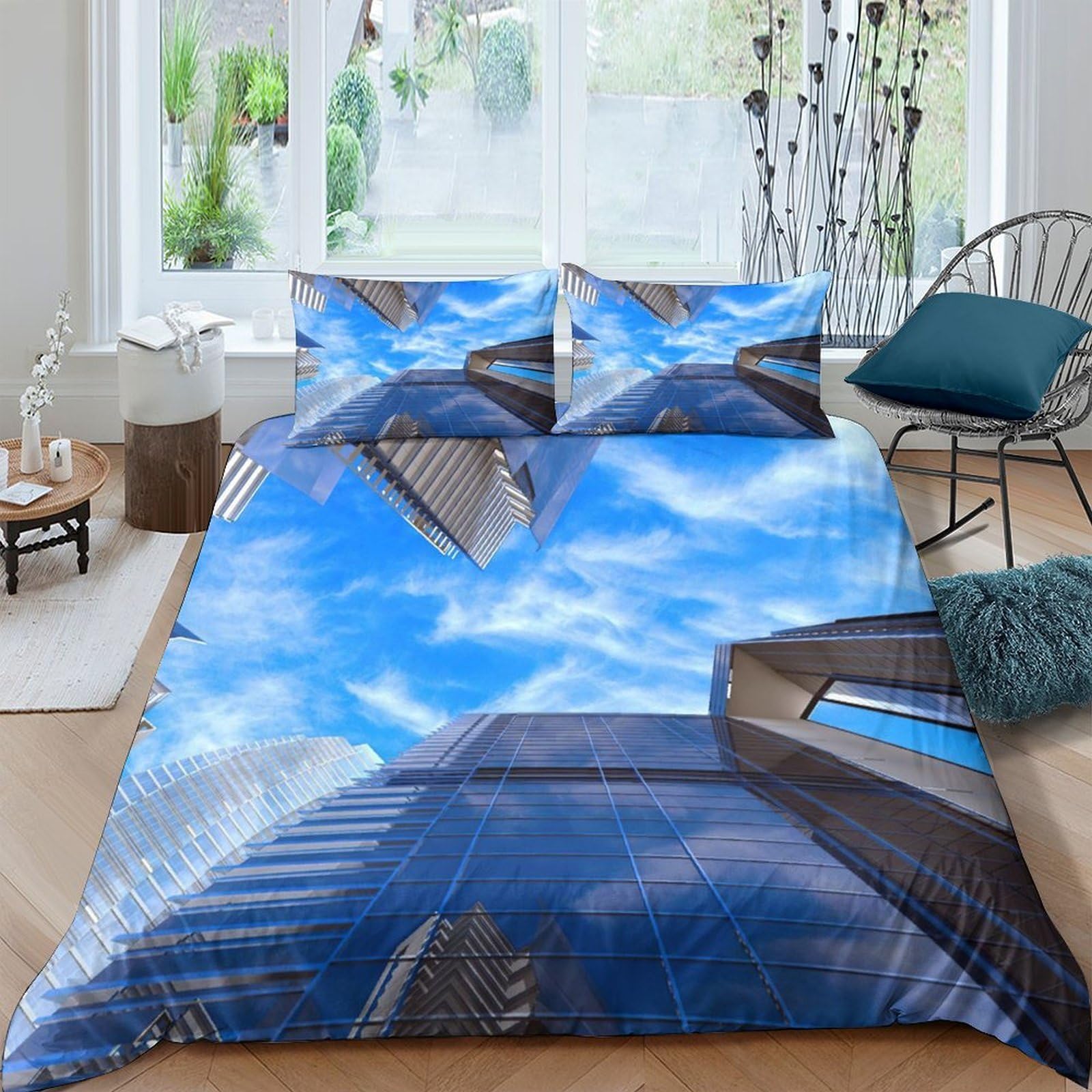 Ctjqhvkz Style-7 3D Printed Modern Skyline Fitted Sheet Microfiber Soft Blue Sky Architecture Mattress Cover For Bedroom Dorm Decor Single（135X200cm）