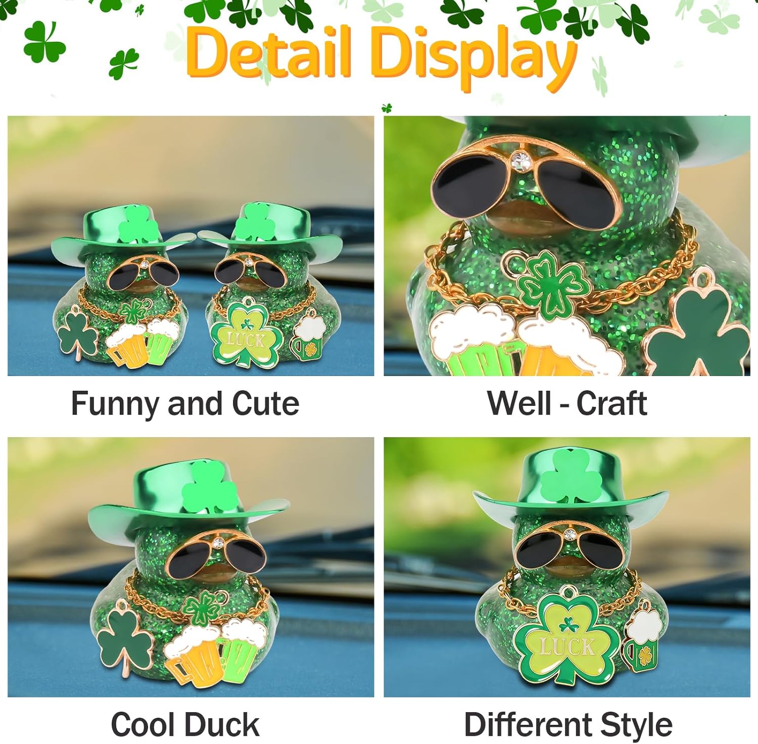 wonuu St. Patrick's Day Rubber Ducks Car Dashboard Decorations, Shamrock Glitter Ducky for Car Ornament Accessories with Shamrock, Laser Cowboy Hat, Necklace, Sunglasses, Beer Mug (Luck Shamrock)