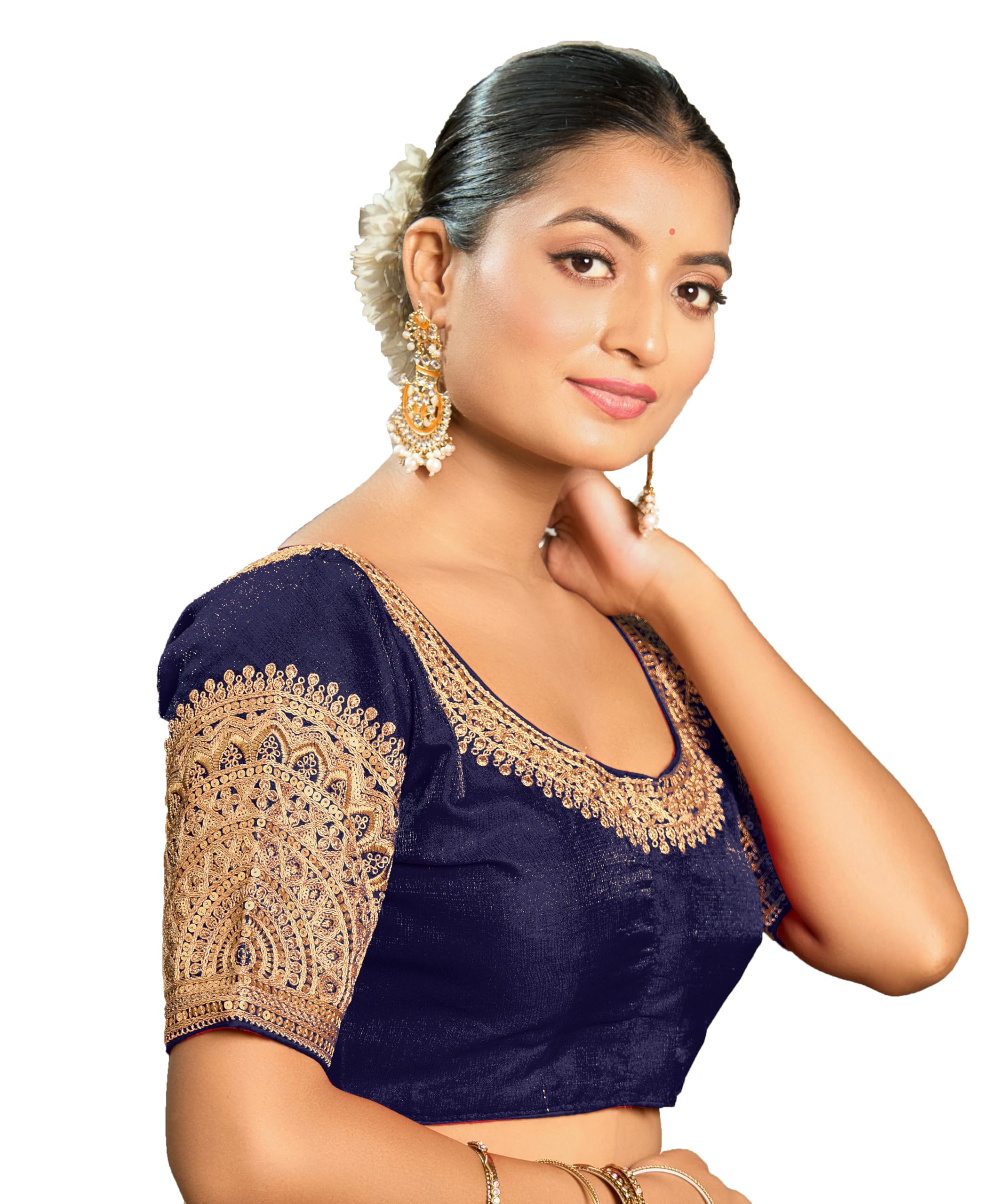 Vihu Fashion Women's Readymade Blouse Embroidery Multi Coding Dull Golden Sequence Work Indian Ethnic Designer Stitched Readymade Saree Half Sleeve Navy Blouse For Women For Saree Lehenga Choli