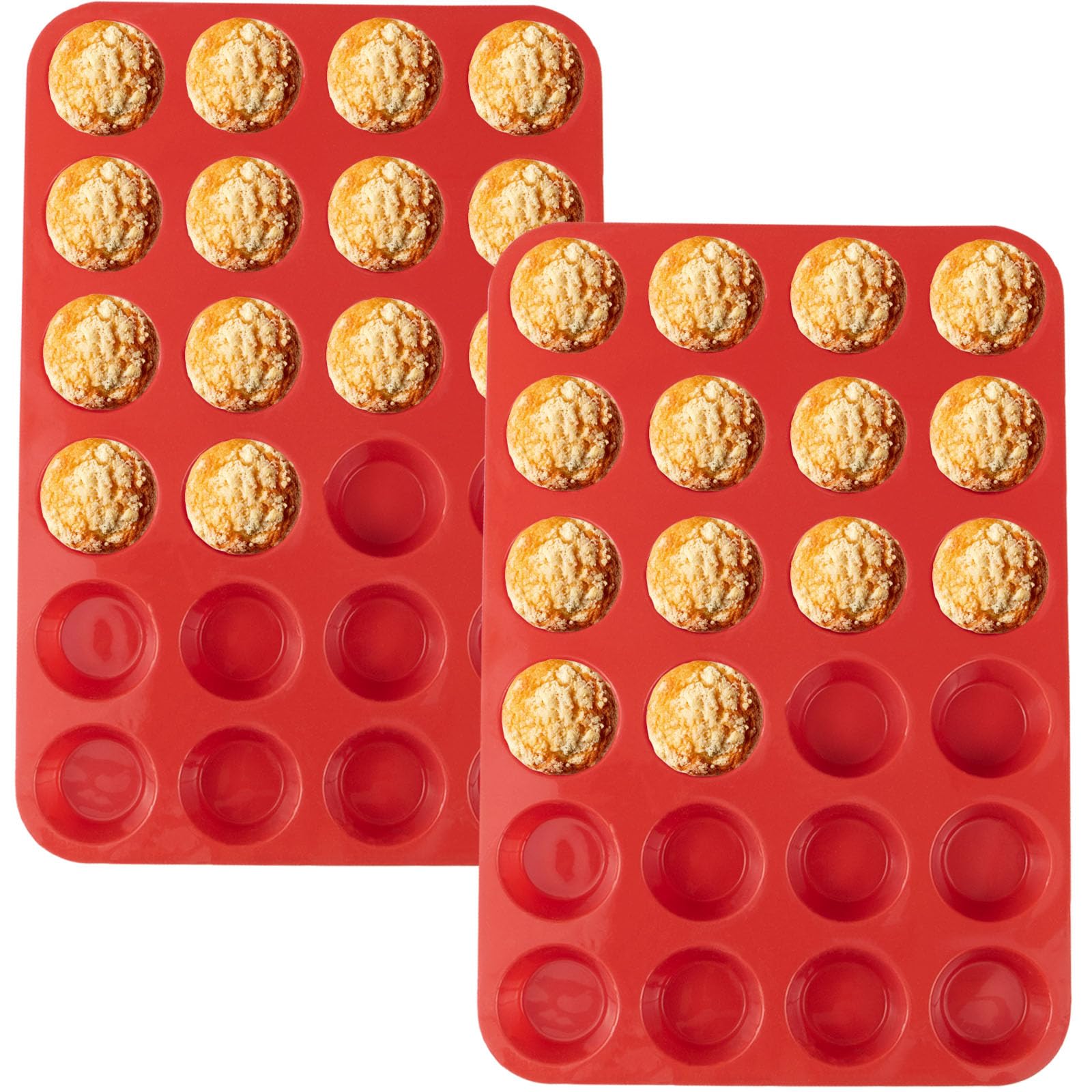 LERIYUFS 24 Cups Silicone Mini Muffin Pan Set, Nonstick Mini Cupcake Pans, BPA Free Small Muffin Tin for Baking, Set of 2 (Red+Red)