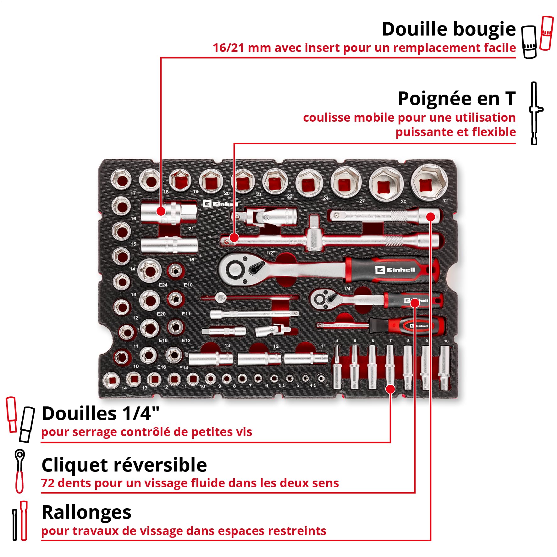Original Einhell E-Case Pad 60 pièces douilles et cliquets (cliquets réversibles, douilles bougie, douilles, rallonges de douilles, cardans, système E-Case)