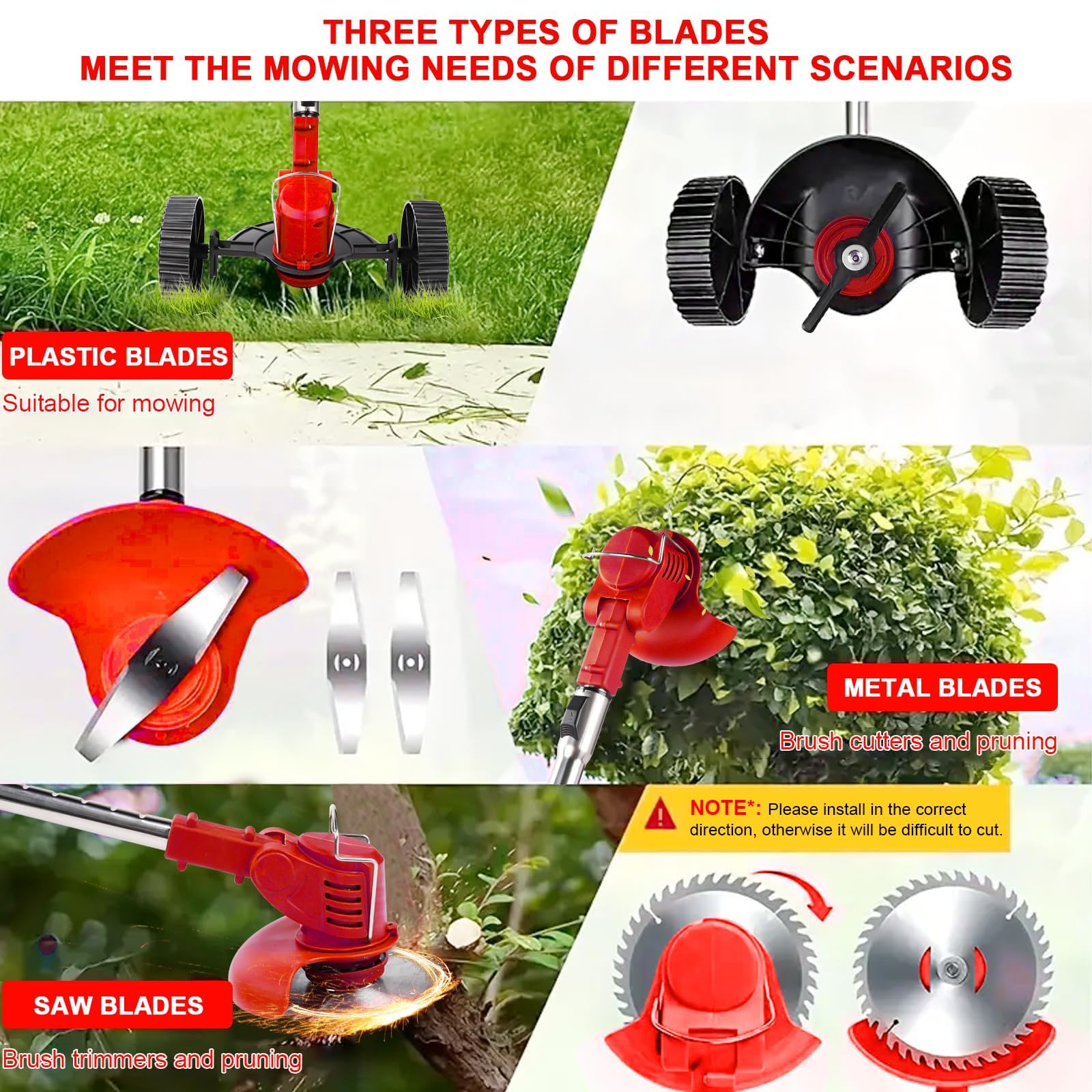 Desbrozadora Bateria con Ruedas, Desbrozadora Electrica Inalámbrica 21V, 2 Baterías de 1,5 Ah, 4 Tipos de Cuchillas, Plegable, Cabezal Ajustable 90° y Mango Telescópico para Jardín y Podar