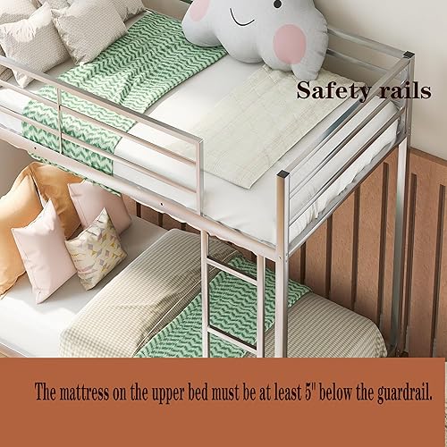 Miniatura 6 de Literas de metal de tamaño individual sobre individual, litera baja de metal para niños, marco de cama resistente con barandilla de seguridad y