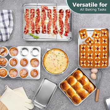 E-far 12-Piece Bakeware Sets, Stainless Steel Baking Pan Set Includes Cookie Sheet, Round Square Rectangle Cake Pans with Lids, Multi-Functional for Loaf Muffin Pizza, Non-toxic & Dishwasher Safe