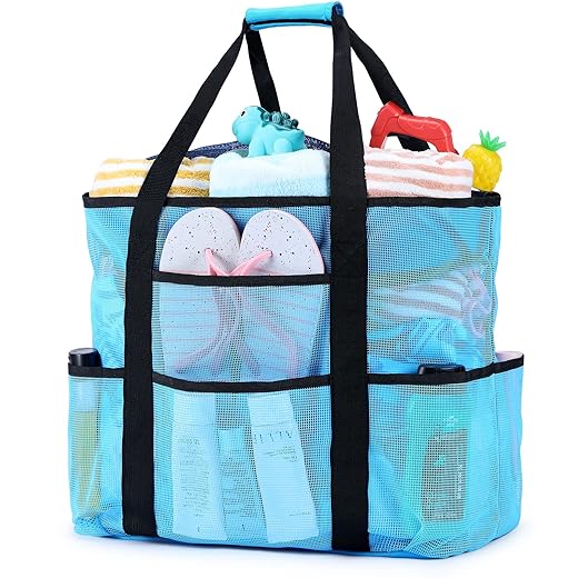 Beach Bags Waterproof Sandproof, Mesh Beach Bag for Women Swim Pool Bag Beach Tote Bag for Vacation Zipper Closure 9 Pockets…