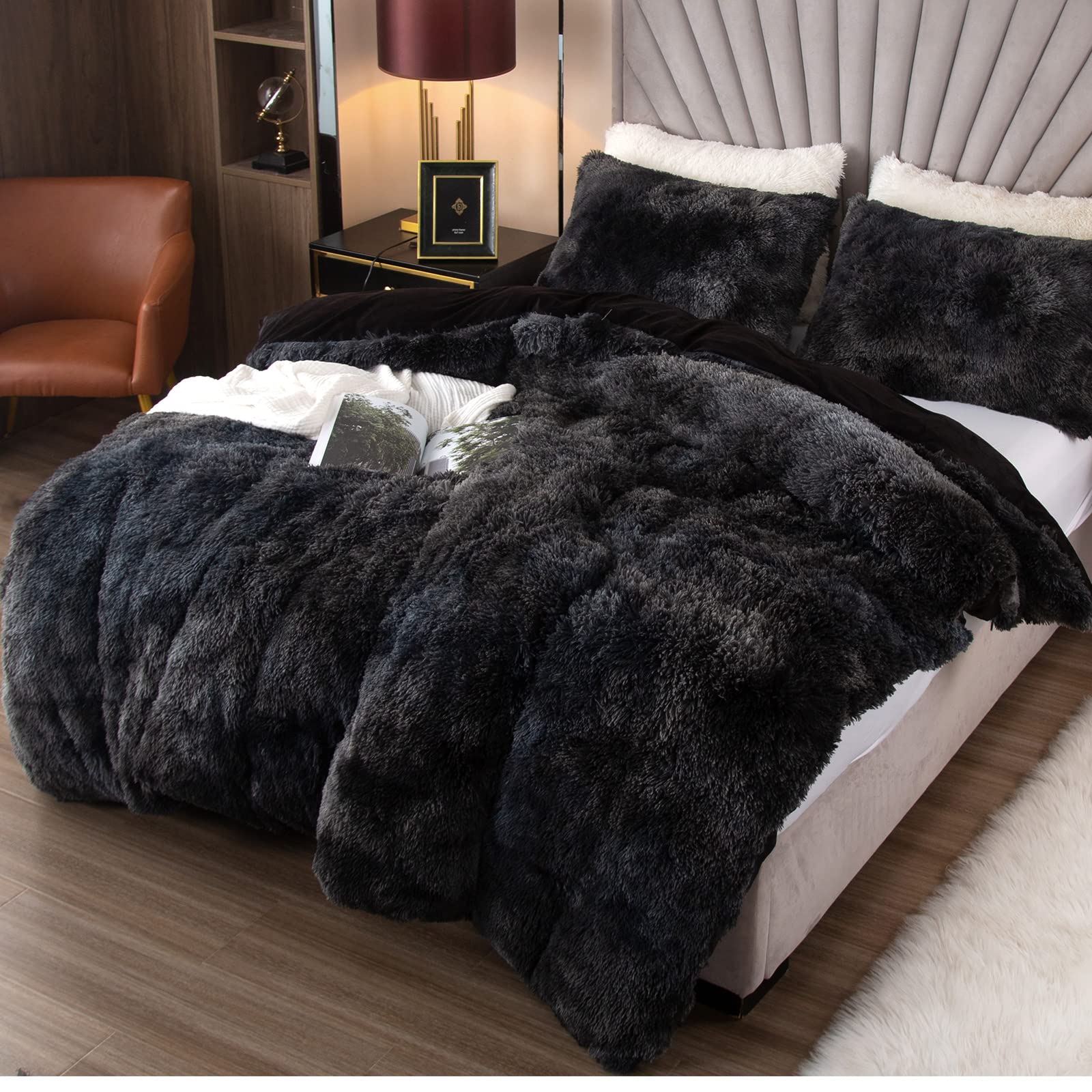 EMME Luxury Fuzzy Duvet Cover Set King Size Fluffy Comforter Cover Set for King Bed Shaggy and Plush Soft Bedding Duvet Covers (Dark Grey, King)