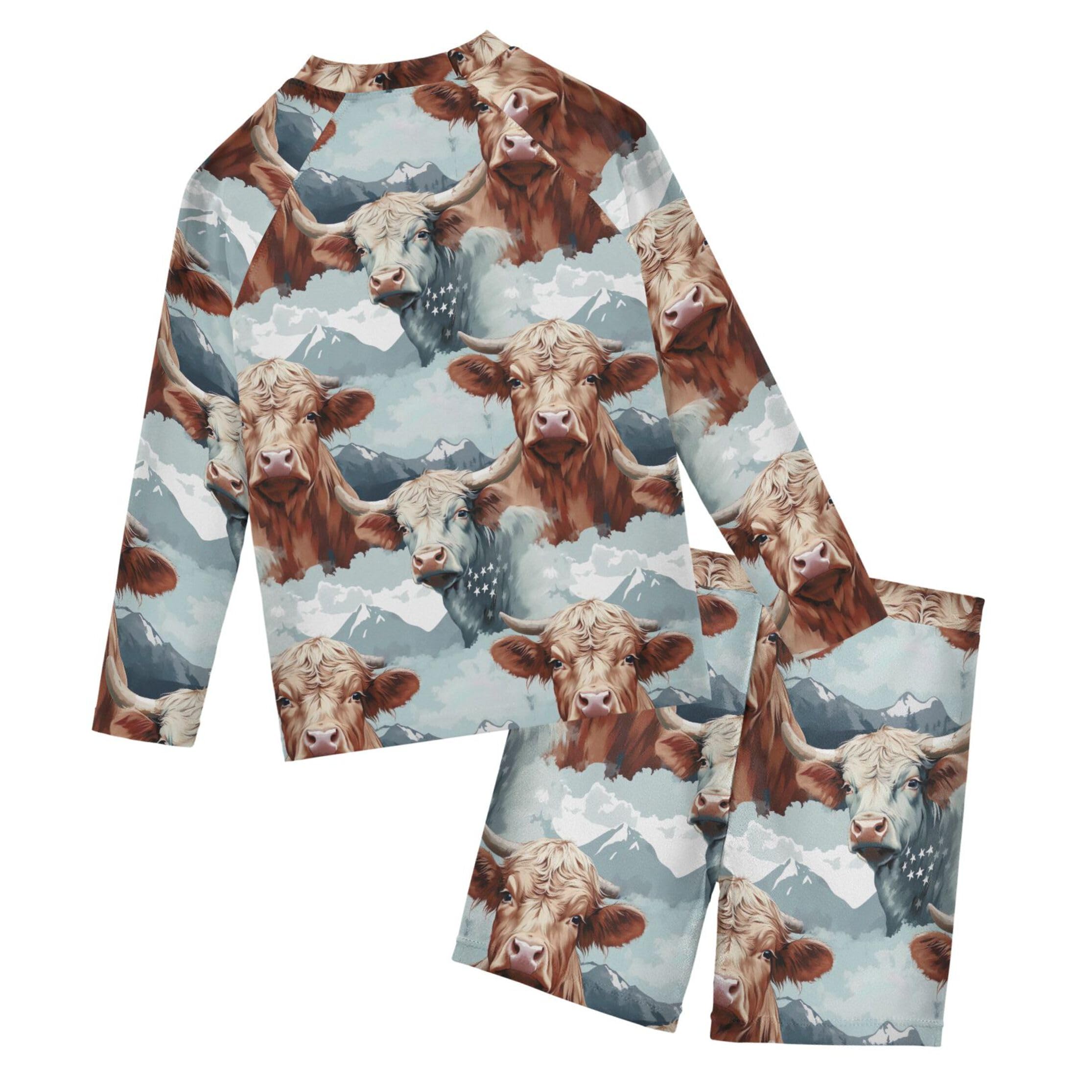 Highland Cow Animal Baby Boys' Toddler Long Sleeved Rashguard Swim Bathing Suit Set B0403257