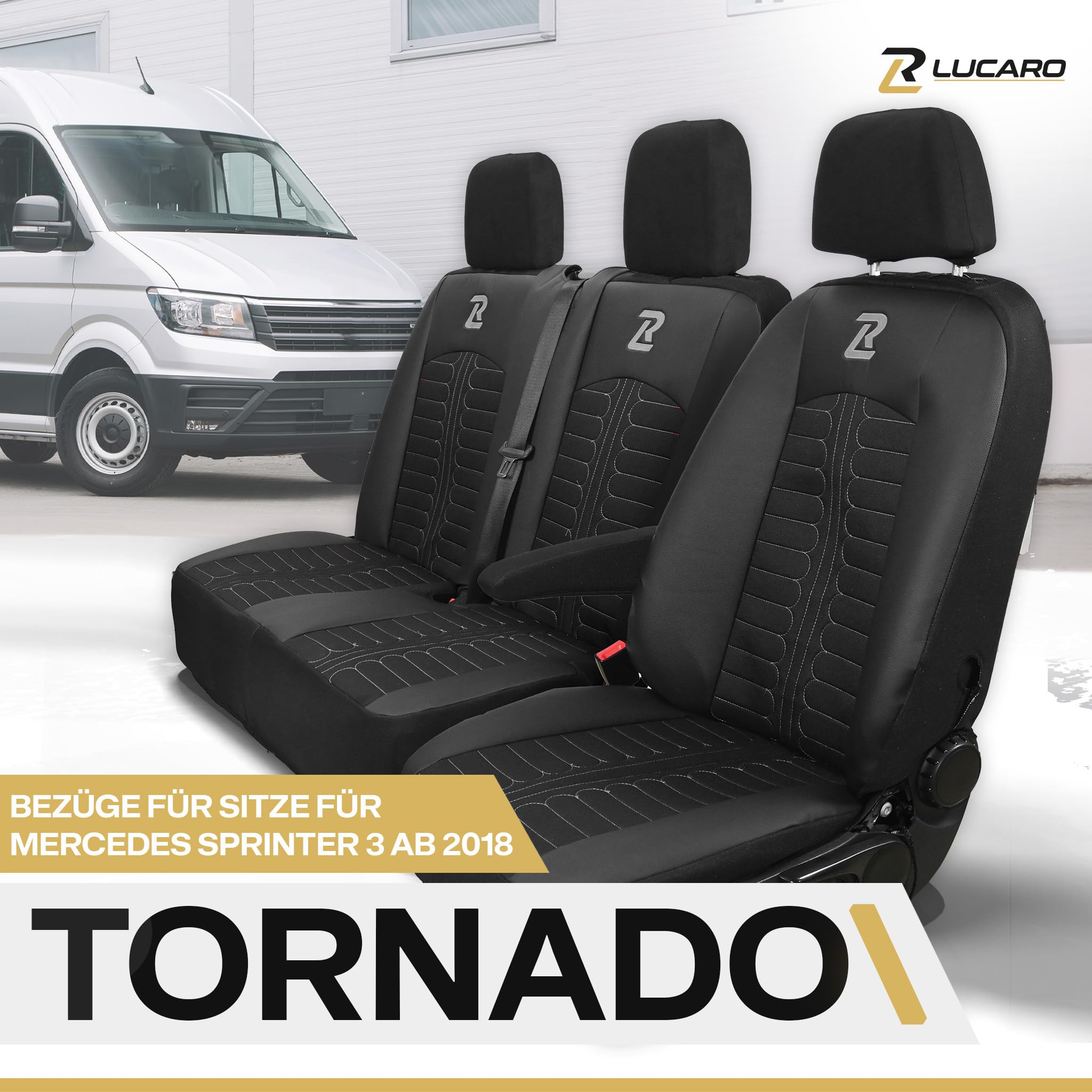 LUCARO Sitzbezüge für Mercedes Sprinter 3 Ab 2018 - Sitzbezügesets 1+2 - Auto Sitzbezüge Schwarz Grau