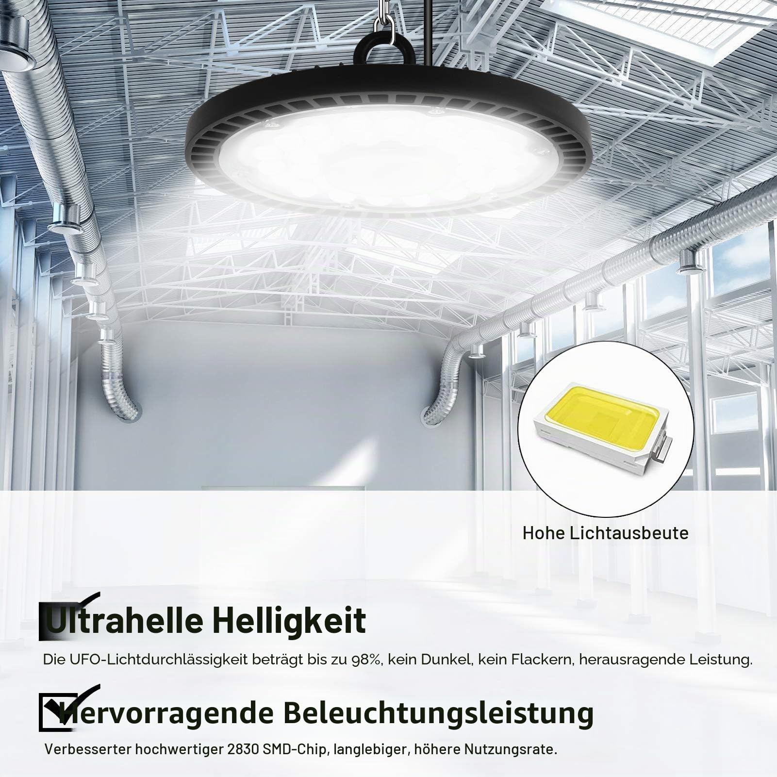 300W UFO LED Werkstattlampe, 30000LM Hallenstrahler 6000K Kaltweiß | IP65 Wasserdicht, 120° Strahl, 288 LEDs Superhell Industrielampe für Fabriken Garage Lagerhaus