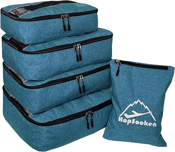 5 Set Packing Cubes for Travel Large Suitcase Luggage Organizer Bags Travel Accessories Vacation 4 Cubes 1 Laundry Pouch Bag, Snow Teal, L
