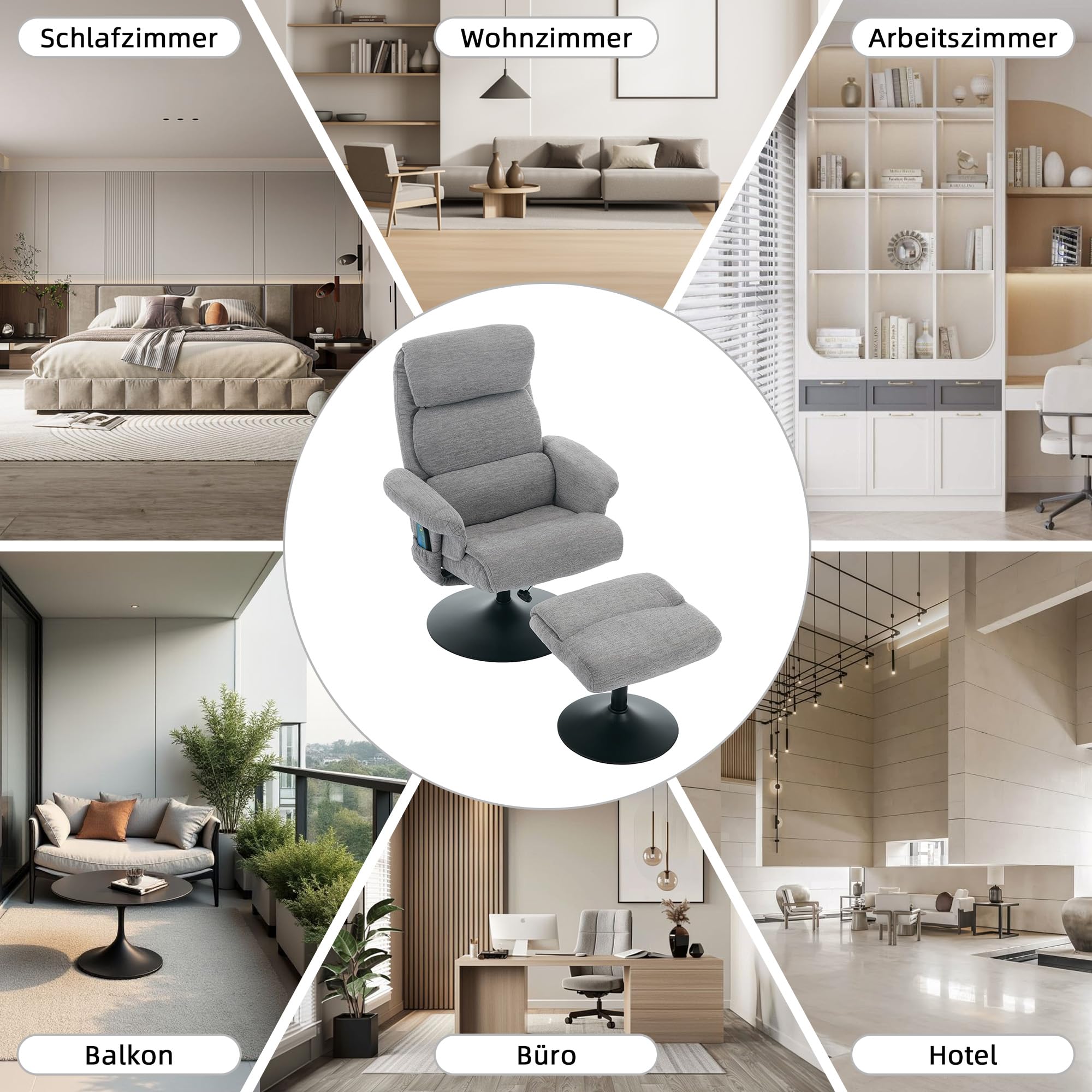 Sillón de relax reclinable con masaje de 5 puntos, sillón y taburete giratorio 360°, tela de chenilla gris