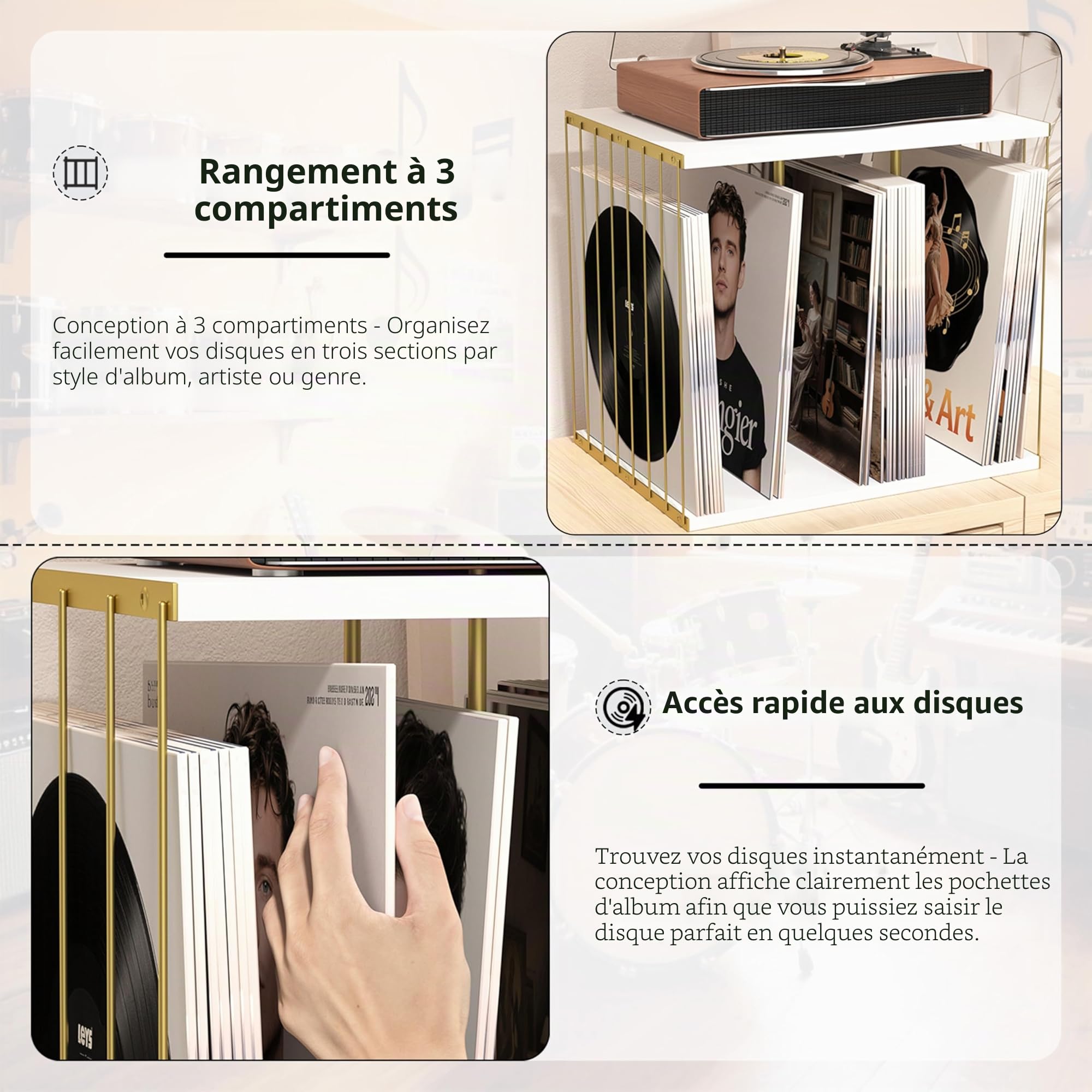 Porte Vinyle Bois Cadre Vinyle avec 3 Compartiments Style Vintage Multifonctionnel Meuble Porte Disque Vinyle pour Exposer jusqu'à 80-100 Album et Magazines pour Salon, Bureau et Studio(Blanc)