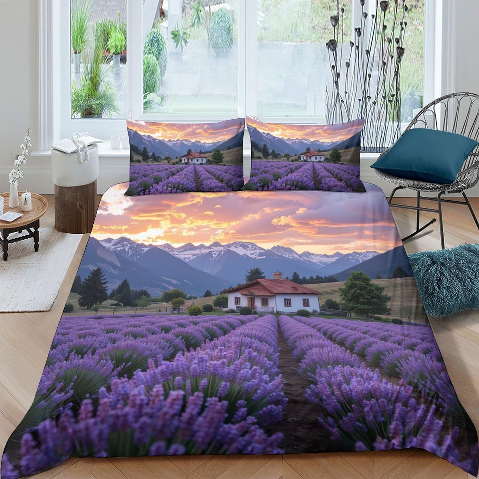Ctjqhvkz Style-5 3D Printed Lavender Field Fitted Sheet Microfiber Soft Purple Sunset Mountain Mattress Cover For Bedroom Guest Room Decor Single（135X200cm）