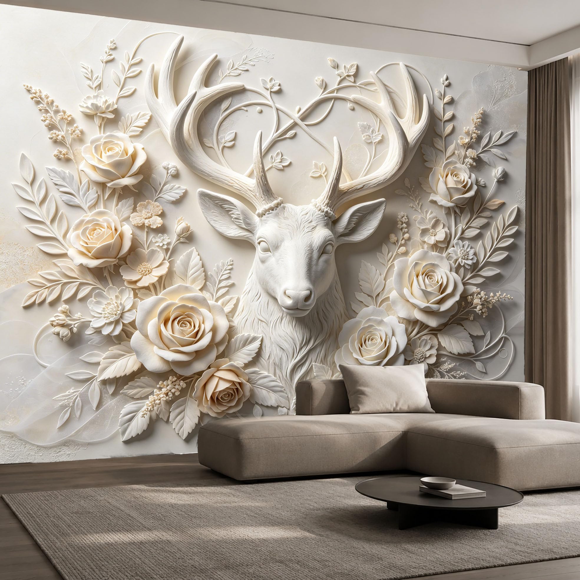 Carta Da Parati Murale In Tessuto Non Tessuto Con Cervo E Fiori, Paesaggio 3D Per Soggiorno, Camera Da Letto, Ufficio, Sfondo Tv, Cervo 300 X 210 Cm (Larghezza X Altezza).