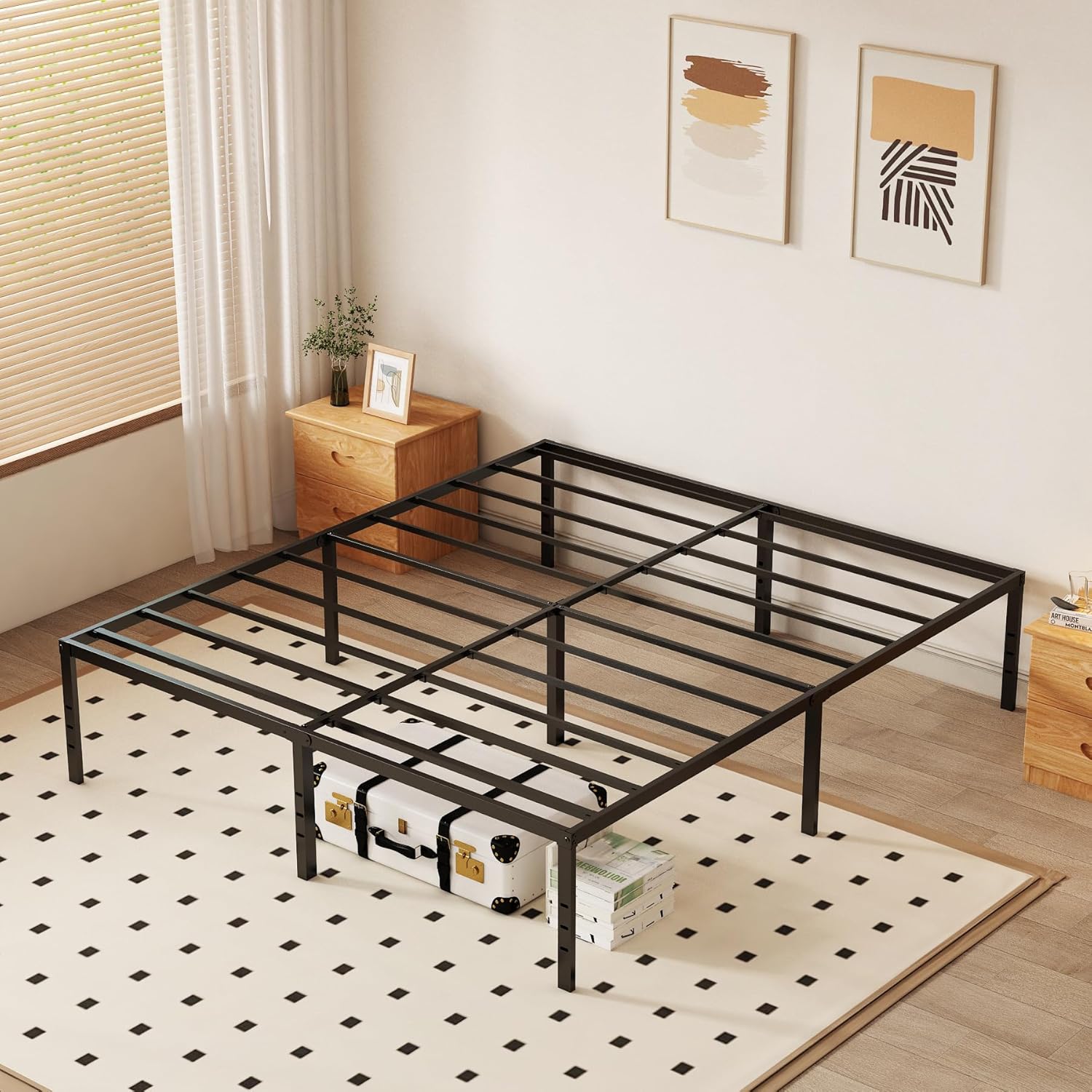 14 Full Size Metal Platform Bed Frame,Fundation,Sturdy,Load-Bearing Capacity,Non Noise,Easy Assembly,Storage Space Underbed,Kids,Adults,Bedroom,Guest Room,Black