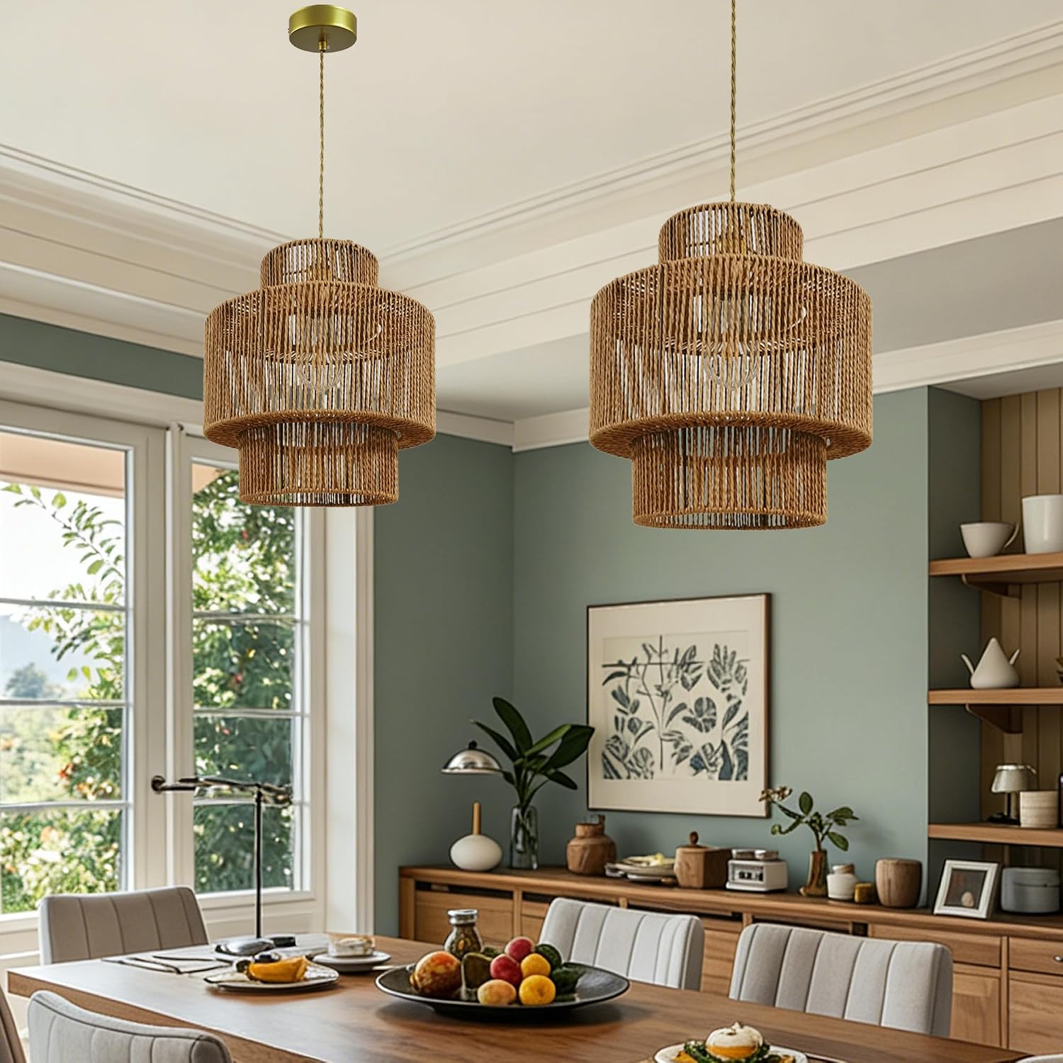 13" Boho Jute Pendant Light,Handwoven Natural Hanging Lamp Wicker Ceiling Hanging Light Fixture Vintage for Bedroom Living Room Kitchen lsland,3-tier Drum Hemp Rope Chandelier Lighting Rattan Fixture