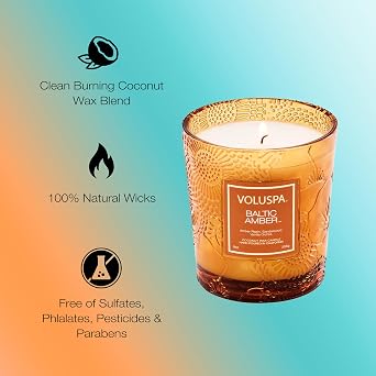 Voluspa Limited Edition Baltic Amber Classic Candle, 9 oz, Coconut Wax for Clean Burning, 60 Hour Burn Time, Amber Candle Handcrafted in The USA