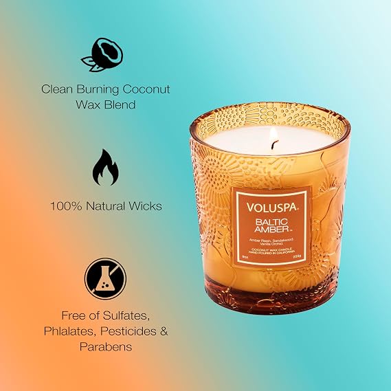 Voluspa Limited Edition Baltic Amber Classic Candle, 9 oz, Coconut Wax for Clean Burning, 60 Hour Burn Time, Amber Candle Handcrafted in The USA