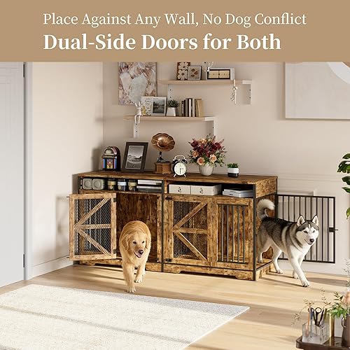 Miniatura 4 de Donox Mueble de jaula para perros para 1 o 2 perros, doble perrera con divisor extraíble y puertas dobles, mesa consola de madera resistente