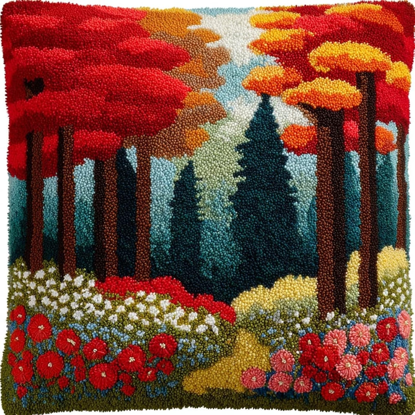 Henypt DIY Latch Hook Kit 43x43cm / 17x17 Inch,Spring Forest Landscape Complete Crochet Rug Kit with Yarns & Hook,Creative Needlework Gift for Family