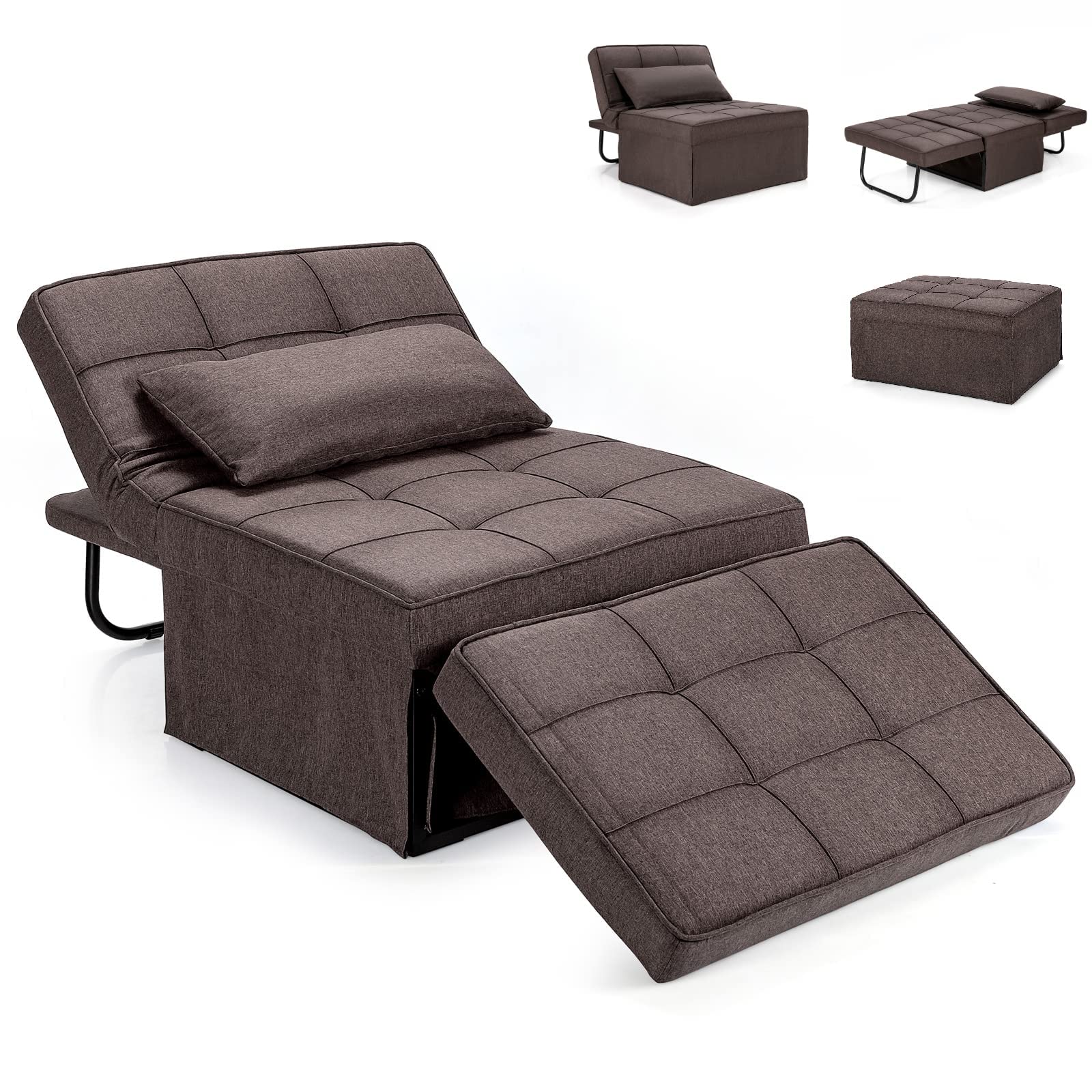 COSTWAY 4 in 1 Convertible Sofa Bed, Single Sleeper Sofa Chair Folding Ottoman with Adjustable Backrest, Retractable Legs and Waist Pillow, Modern Tufted Lounge Couch Guest Bed (Linen Fabric, Brown)