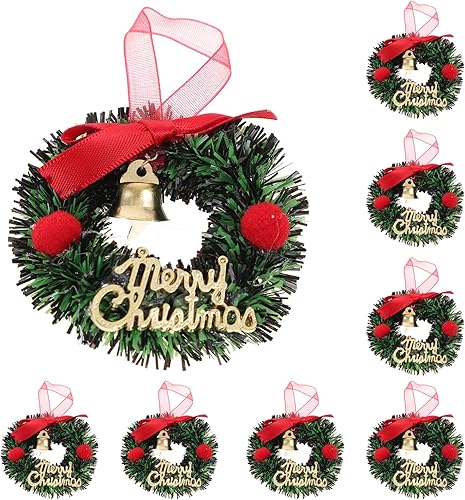 Didiseaon Corona colgante de 10 piezas de mini corona de Navidad, lazo rojo, campanas doradas, casa de muñecas artificiales, corona de Navidad en