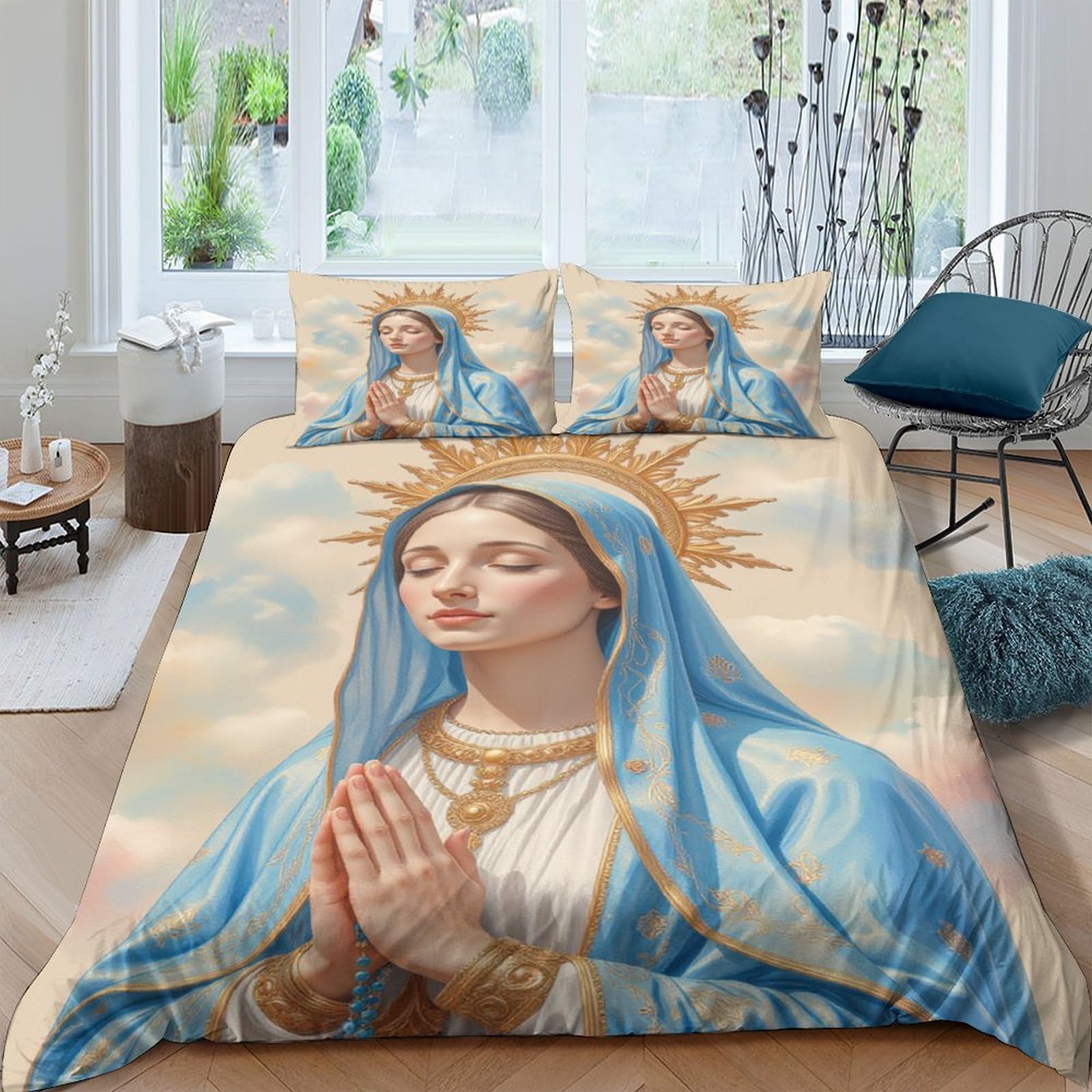 Ctjqhvkz Style-4 3D Printed Virgin Mary Fitted Sheet Microfiber Blue Gold Religious Art Bed Cover For Bedroom Dorm Mattress Decor Single（135X200cm）