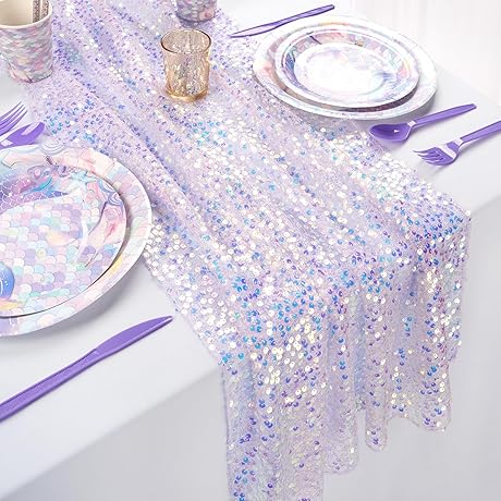 Sequin Iridescent Table Runner, 25x120 Inches - Shimmering Purple Mermaid Table Runner for Parties