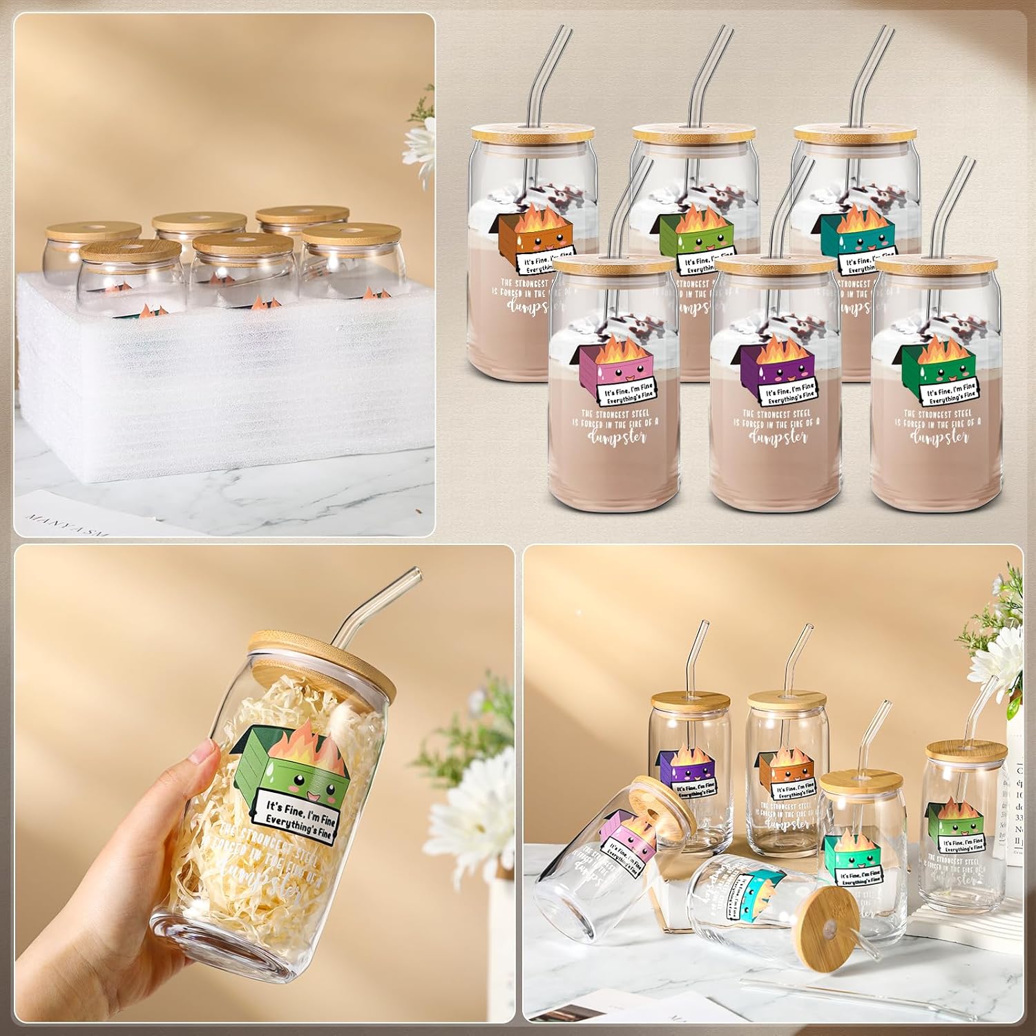 Uiifan 6 Pcs Employee Appreciation Gift Thank You Gifts for Women Men 16oz Glass Cups with Bamboo Lids Straws Bulk Positive Coffee Cup for Coworker Teacher(Dumpster Fire) - Image 4