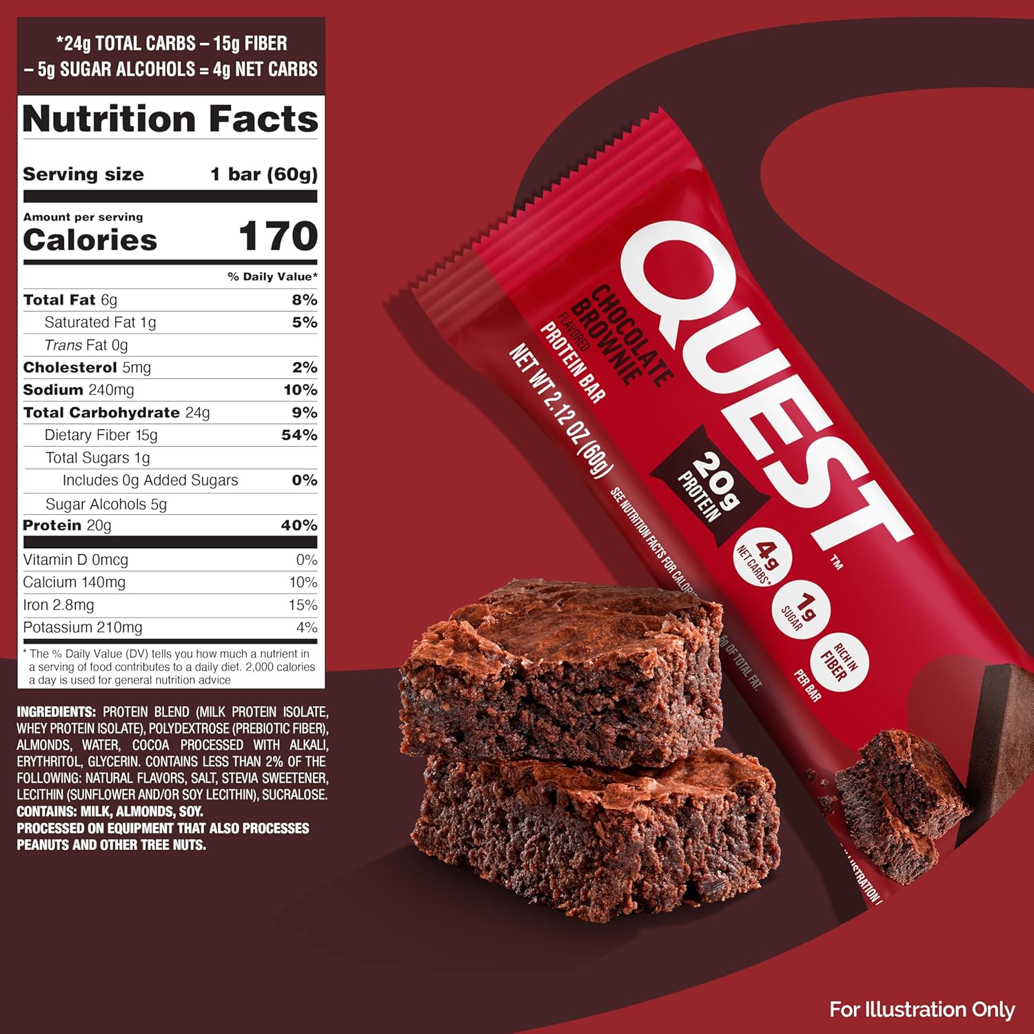 Quest Nutrition Chocolate Brownie Protein Bar, 20g Protein, 1g Sugar, 4g Net Carb, High Fiber, Gluten Free, Gluten Free, 12 Count