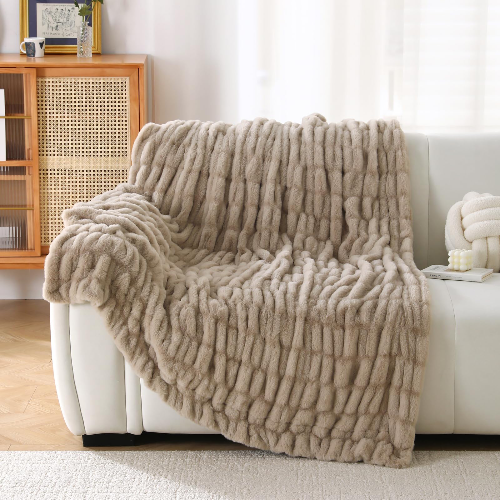 MERRYLIFE Ruched Luxury Faux Fur Throw Blanket for Couch Bed Coffee, 50"60"
