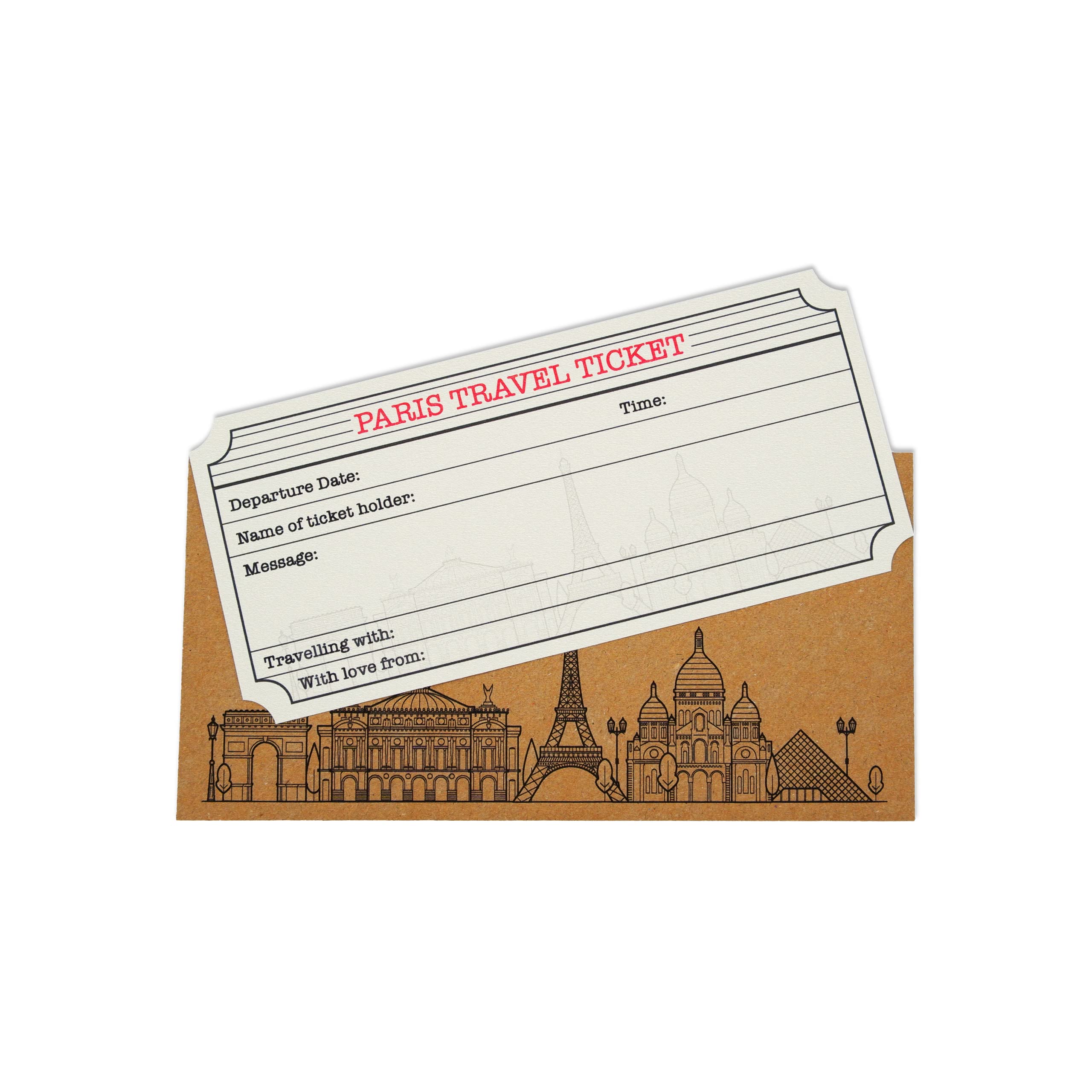 Paris White (with Gold Shimmer Effect) Travel Ticket and Envelope. Paris Themed Ticket Surprise Holiday Gift.