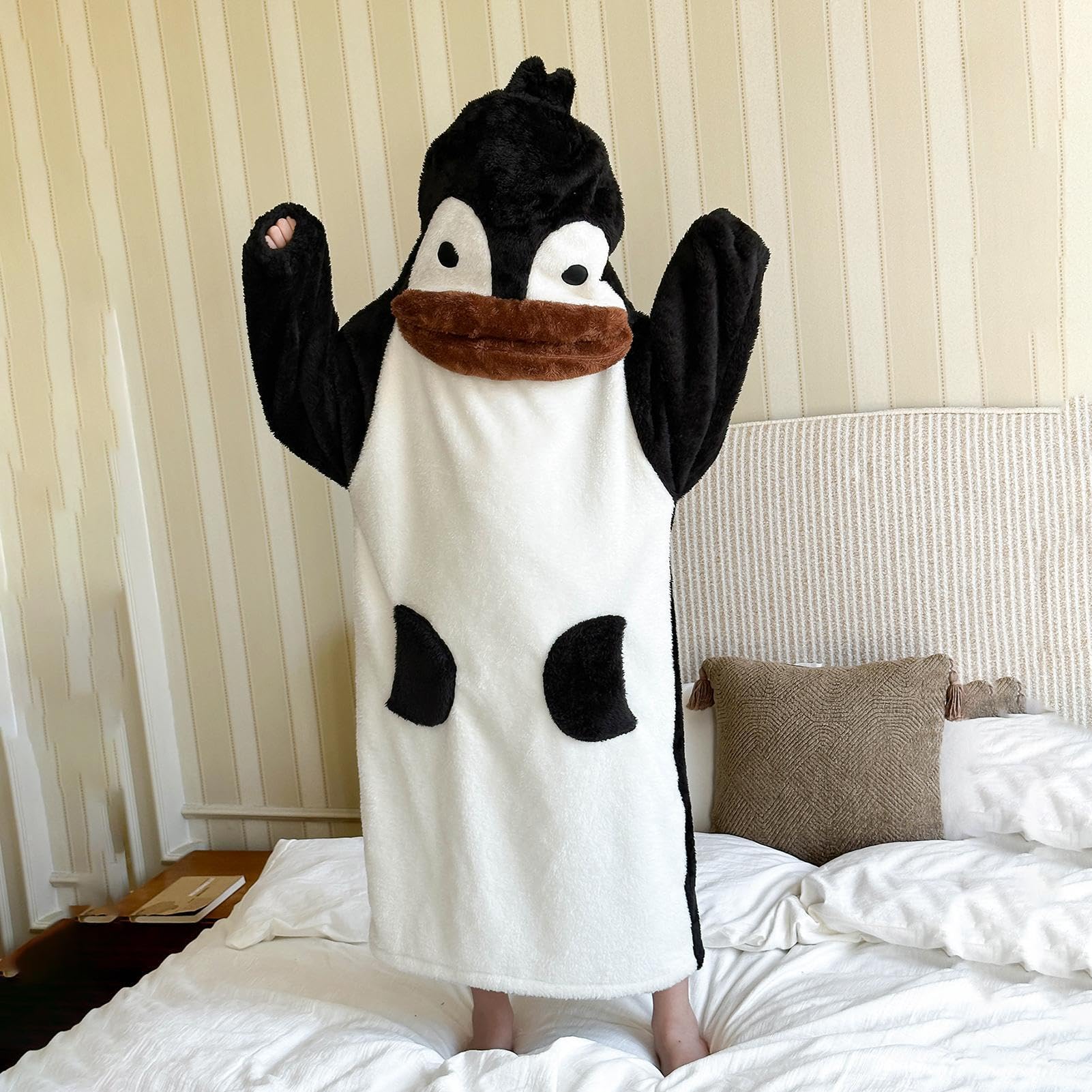 Pinguino - Coperta indossabile con cappuccio, pigiama intero in peluche, biancheria da notte con maniche, calda tuta con cappuccio, per adulti, bambini, casa, soggiorno, dormitorio, feste