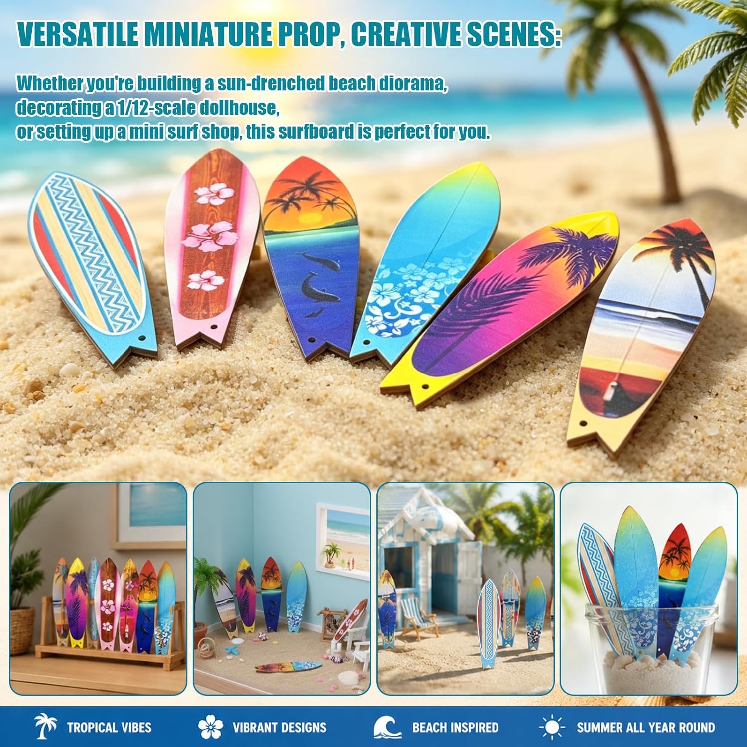 1:12 Scale Miniature Surfboard for Collectible Displays, 6PCS Summer Beach Scene Prop, Surfboard Decorative Accents Diorama Supplies, Mini Surfboard for Crafts and Desktop Decor